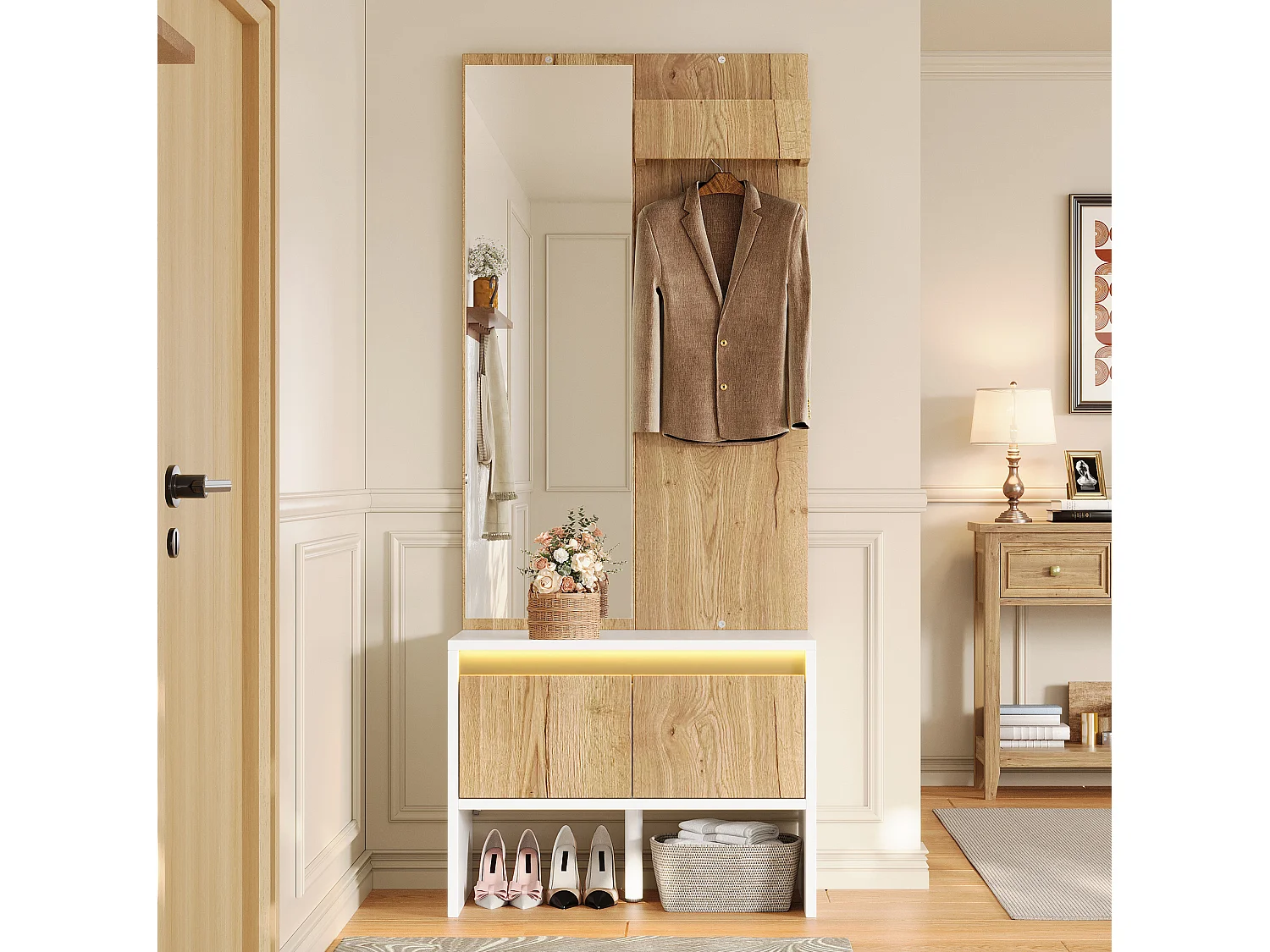 Vestiaire d'entrée avec penderie, miroir et 2 tiroirs – Blanc et naturel