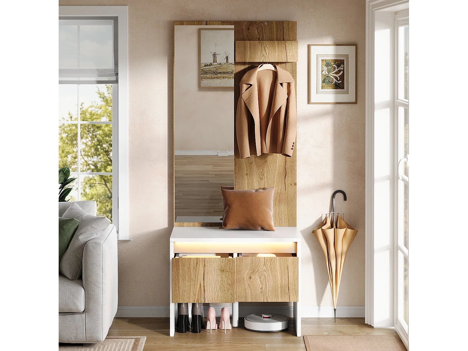 Vestiaire d'entrée avec penderie, miroir et 2 tiroirs – Blanc et naturel