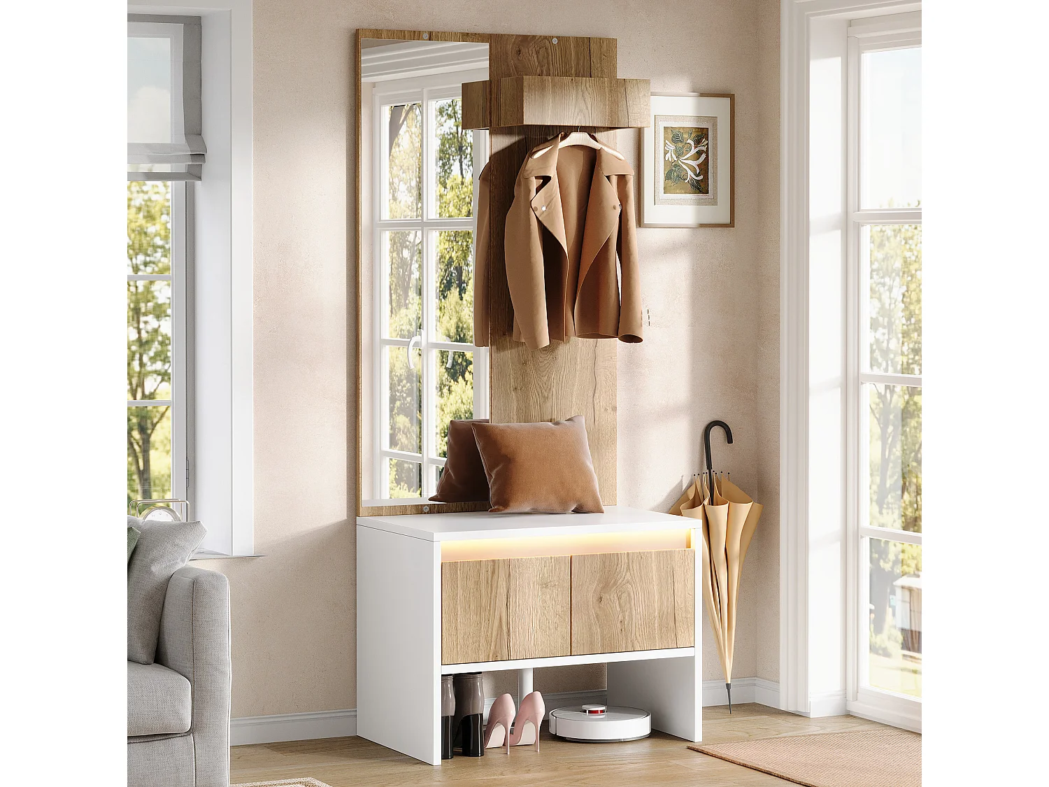 Vestiaire d'entrée avec penderie, miroir et 2 tiroirs – Blanc et naturel