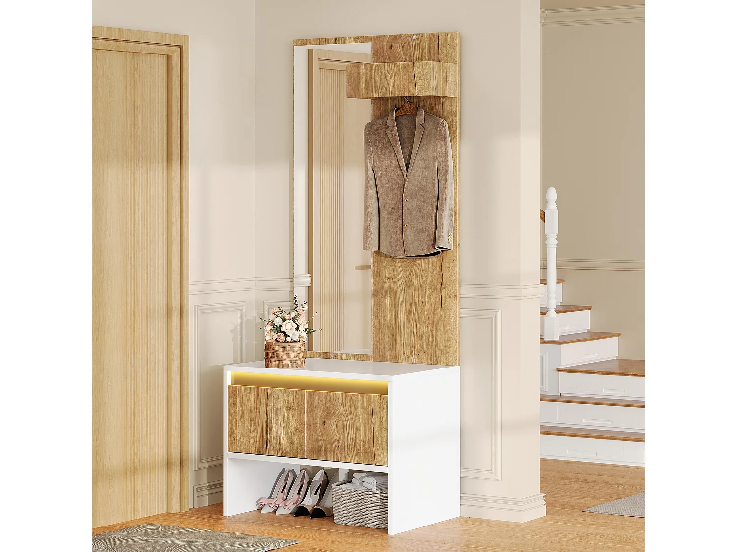 Vestiaire d'entrée avec penderie, miroir et 2 tiroirs – Blanc et naturel