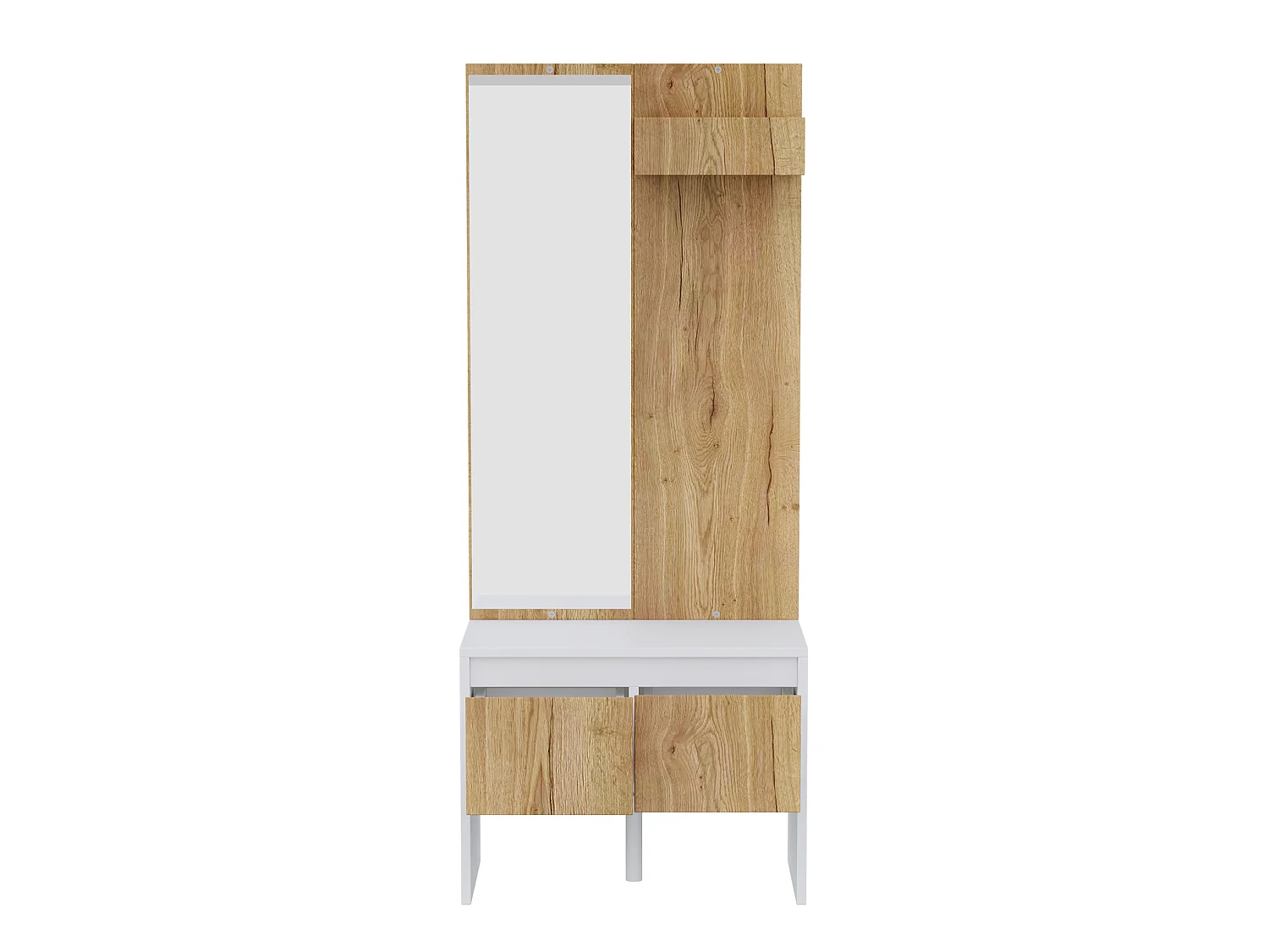 Vestiaire d'entrée avec penderie, miroir et 2 tiroirs – Blanc et naturel