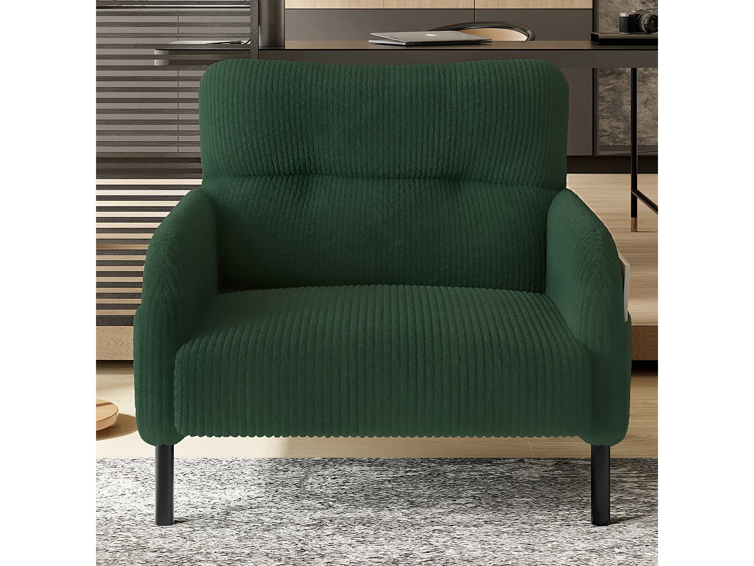 Fauteuil simple en velours côtelé avec poches latérales - Vert émeraude