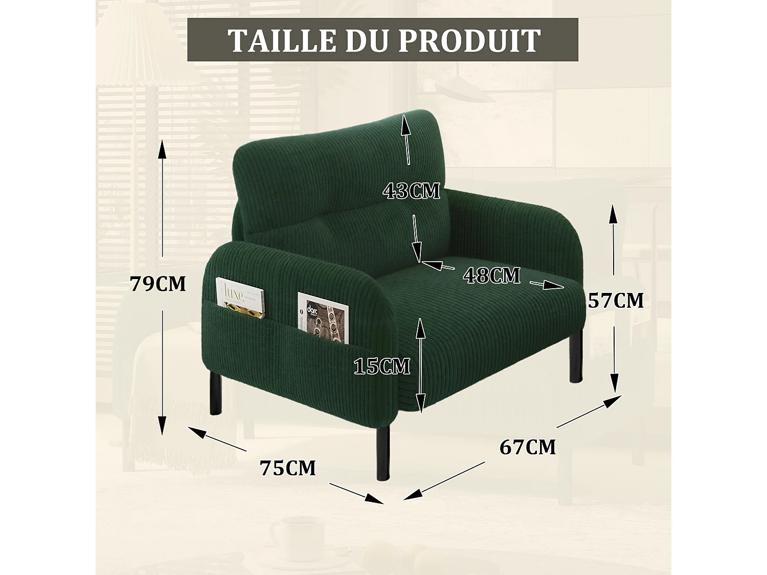 Fauteuil simple en velours côtelé avec poches latérales - Vert émeraude