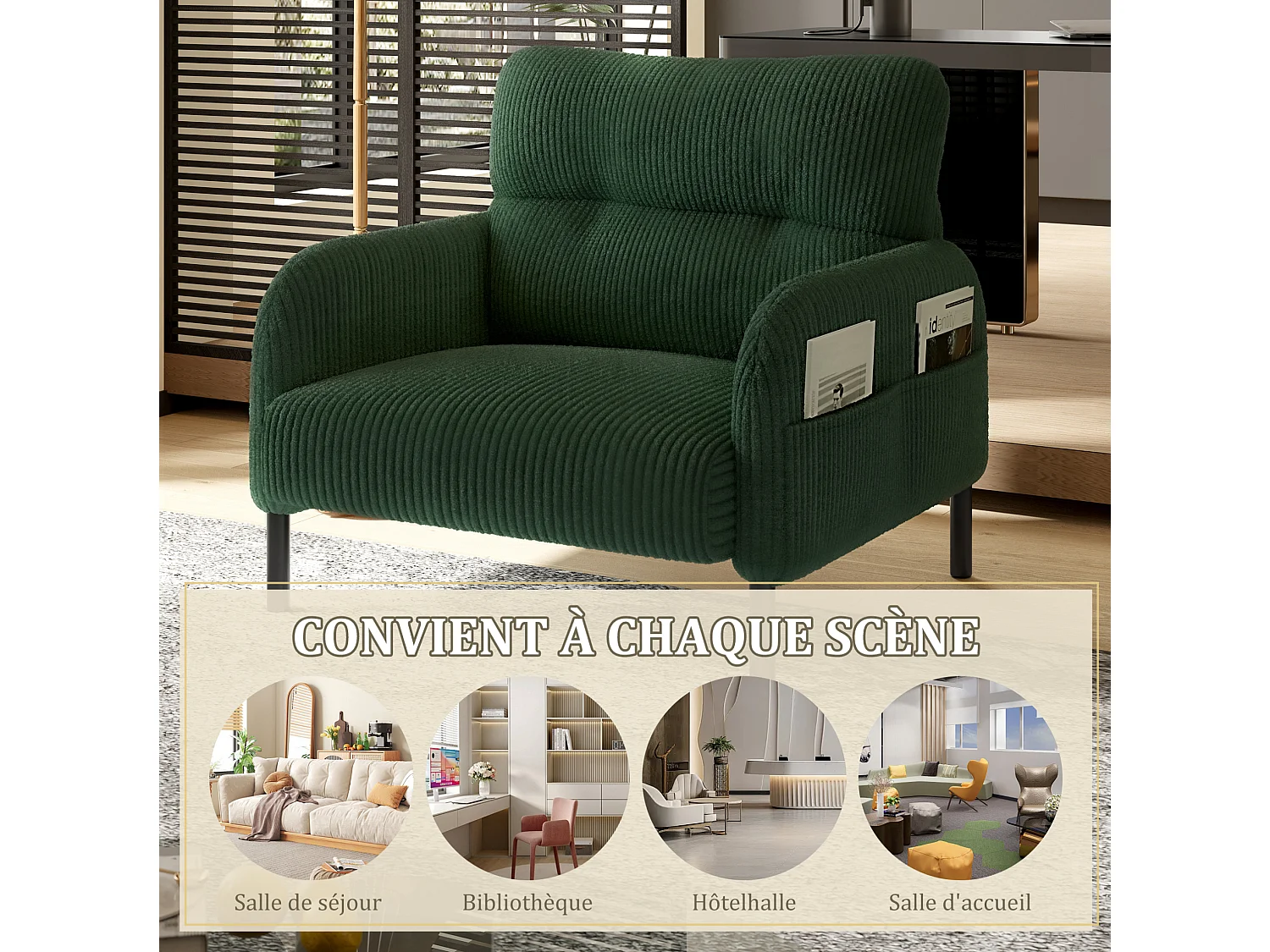 Fauteuil simple en velours côtelé avec poches latérales - Vert émeraude