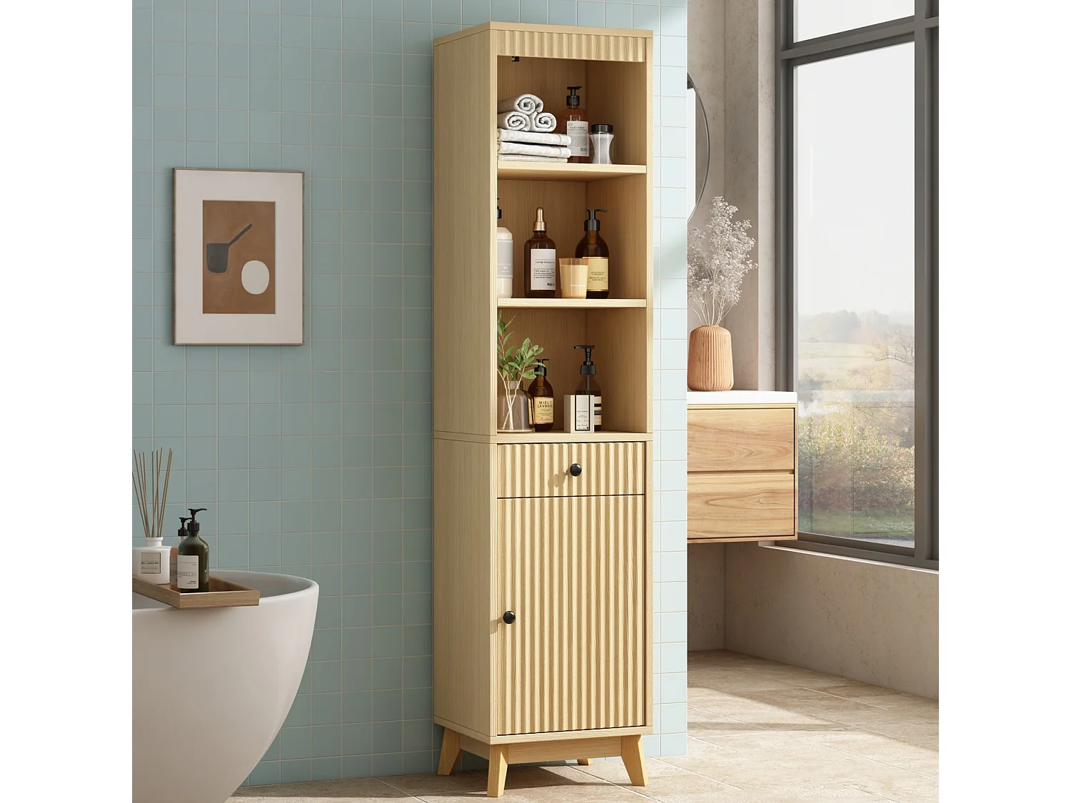 Colonne de salle de bain sur pied - H 172 cm - Naturel clair