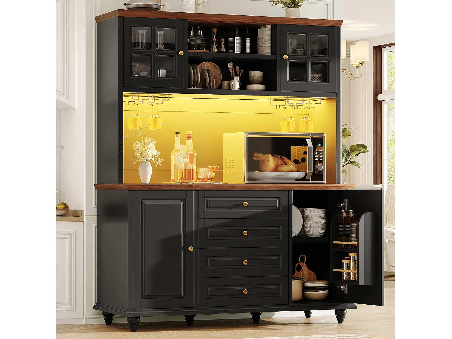 Buffet de cuisine avec LED, 4 tiroirs et 4 portes - Noir