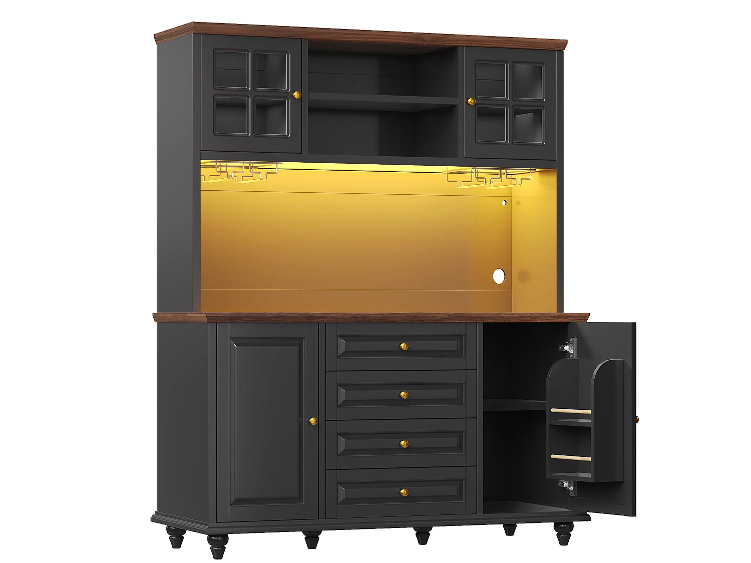 Buffet de cuisine avec LED, 4 tiroirs et 4 portes - Noir
