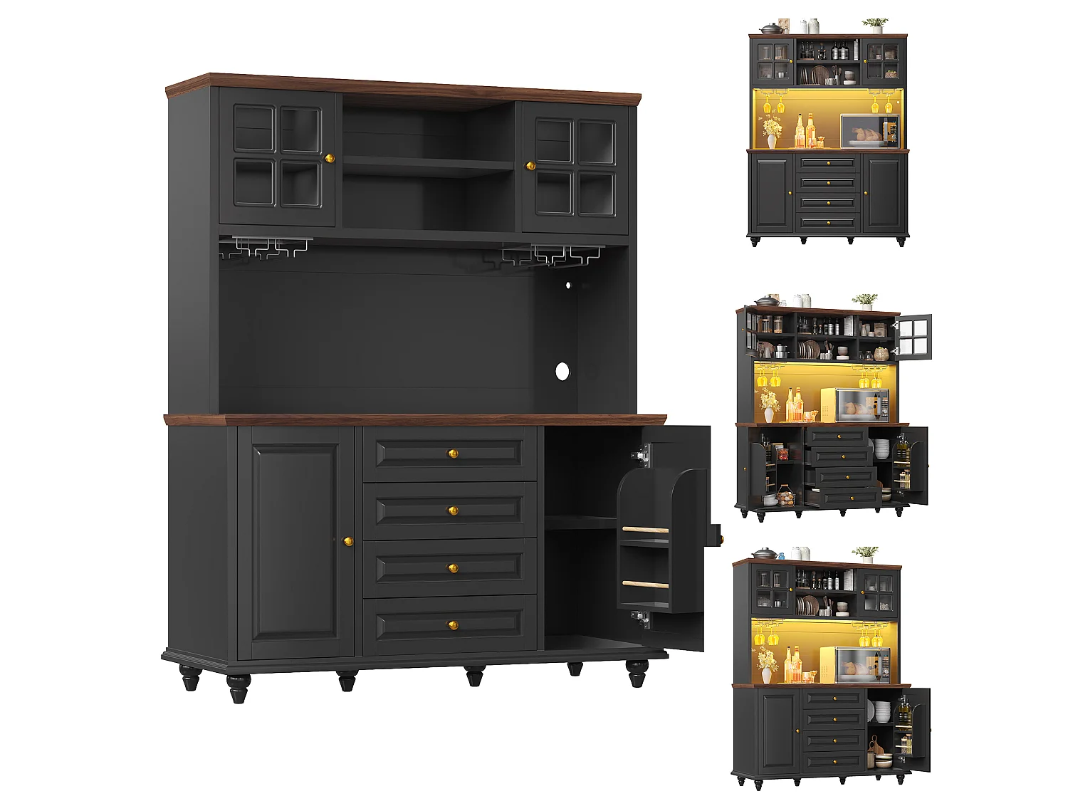 Buffet de cuisine avec LED, 4 tiroirs et 4 portes - Noir