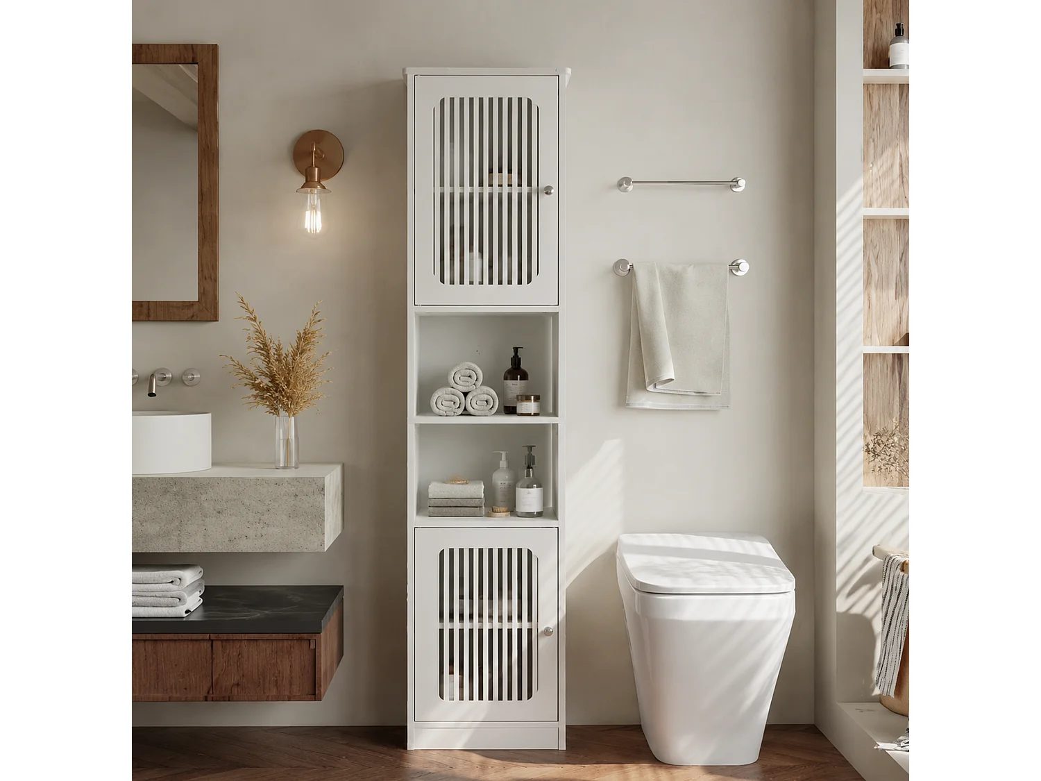 Coluna de casa de banho de 163 cm com prateleiras ajustáveis- Branco