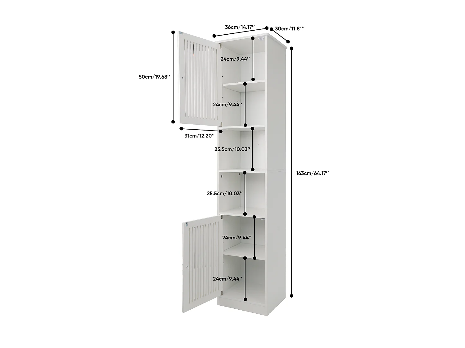 Coluna de casa de banho de 163 cm com prateleiras ajustáveis- Branco
