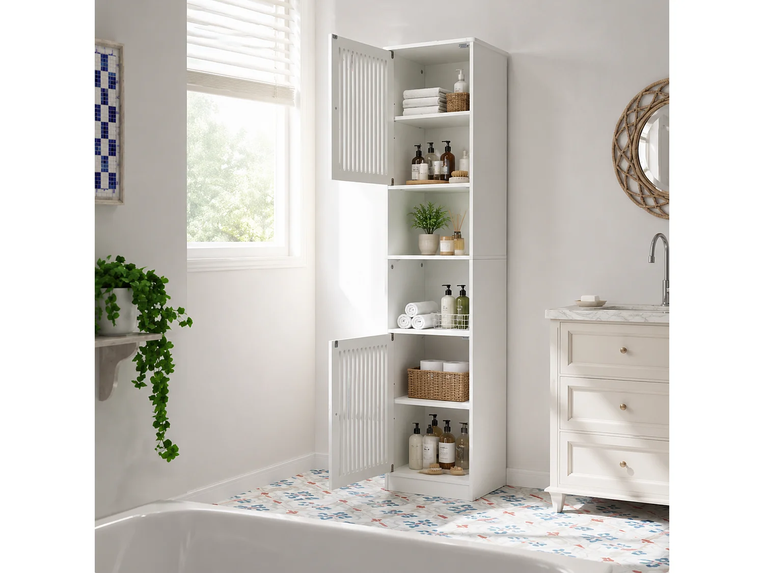 Coluna de casa de banho de 163 cm com prateleiras ajustáveis- Branco