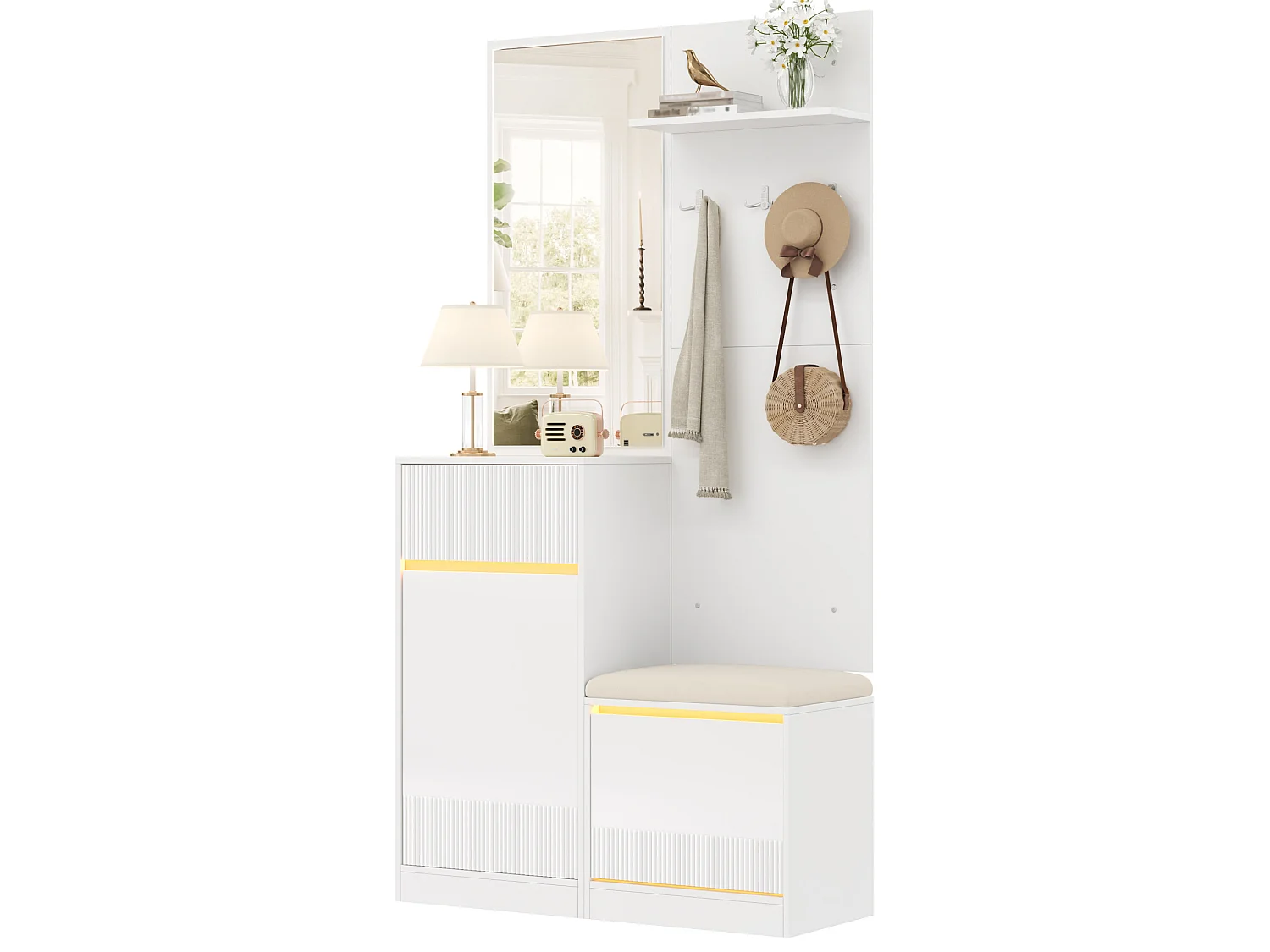 Vestiaire d'entrée avec miroir, banc et LED - Blanc 105 x 38 x 190 cm