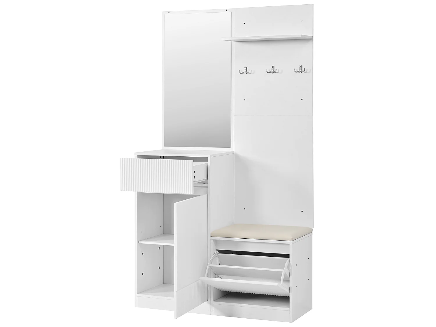 Vestiaire d'entrée avec miroir, banc et LED - Blanc 105 x 38 x 190 cm