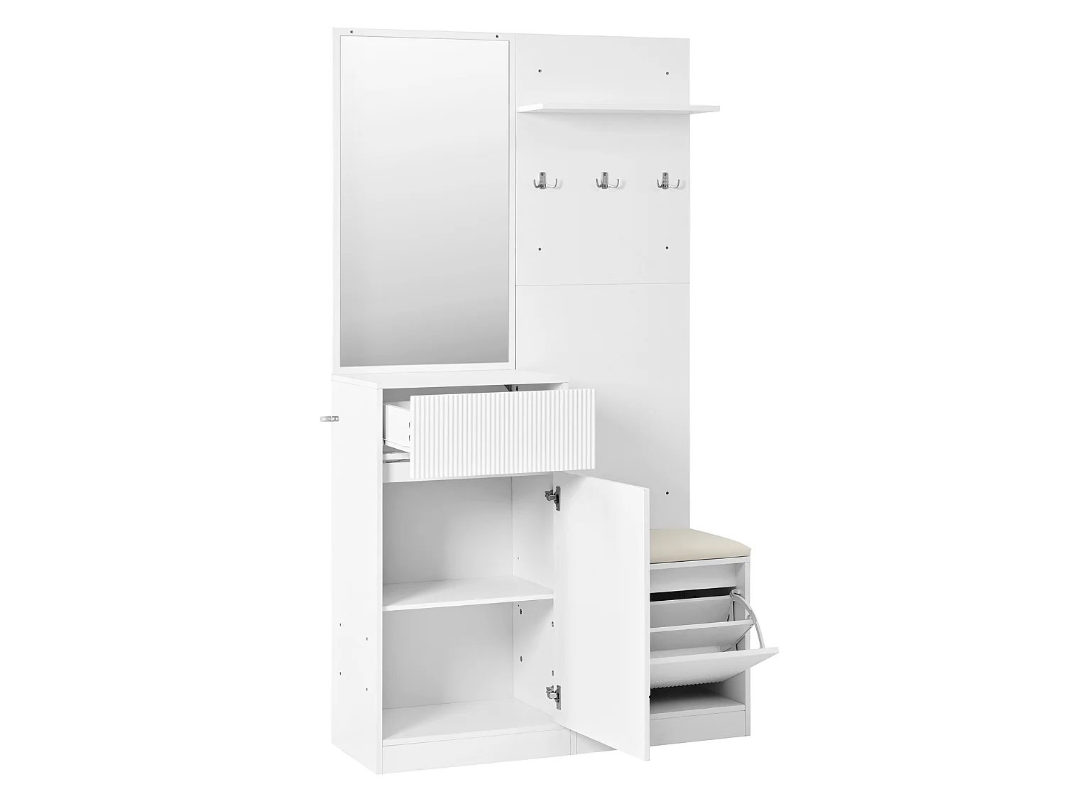 Vestiaire d'entrée avec miroir, banc et LED - Blanc 105 x 38 x 190 cm