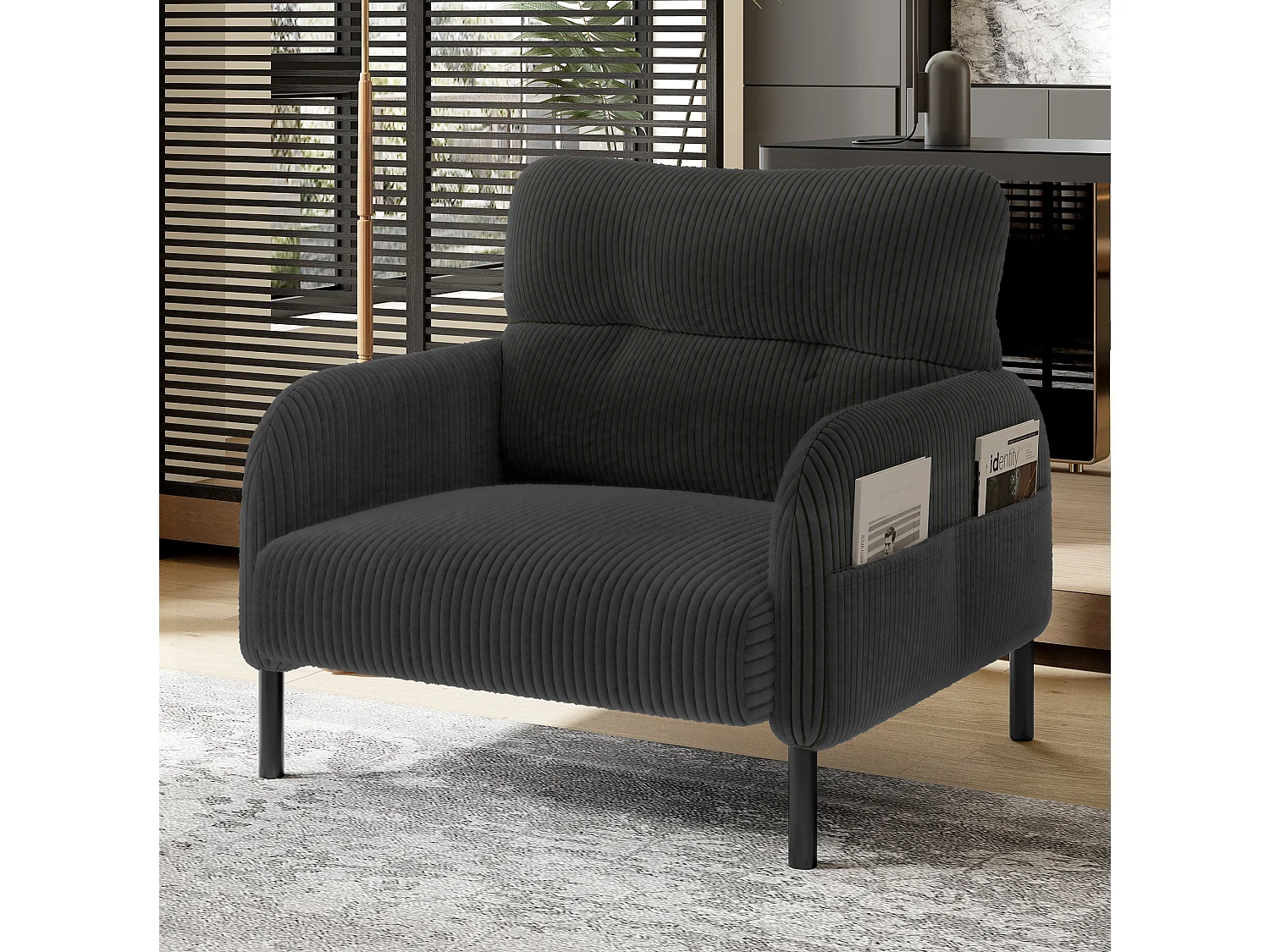 Fauteuil simple en velours côtelé avec poches latérales - Gris