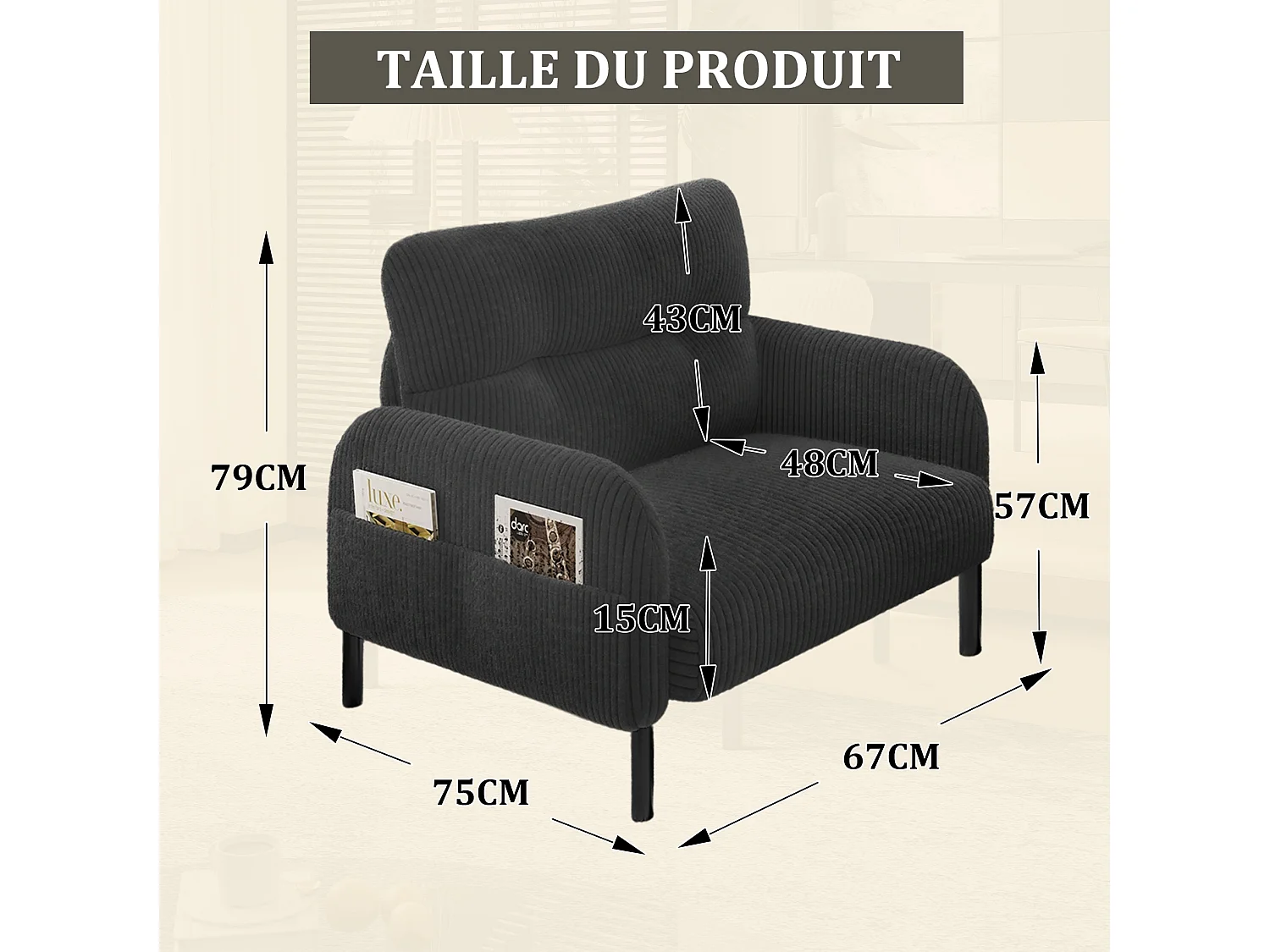 Fauteuil simple en velours côtelé avec poches latérales - Gris
