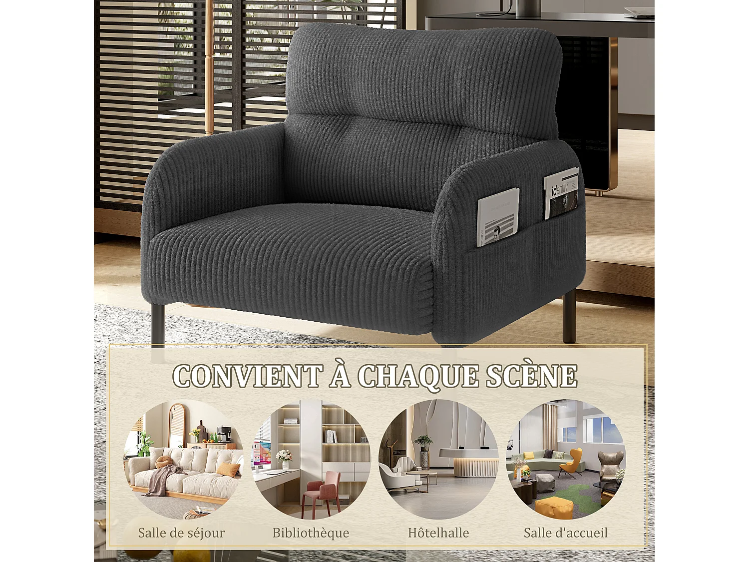 Fauteuil simple en velours côtelé avec poches latérales - Gris