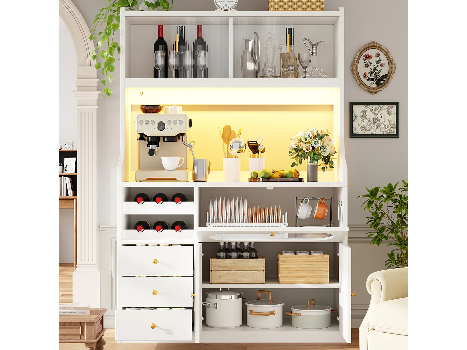 Buffet de cuisine avec LEDs, portes, casier à vin et 3 tiroirs- Blanc