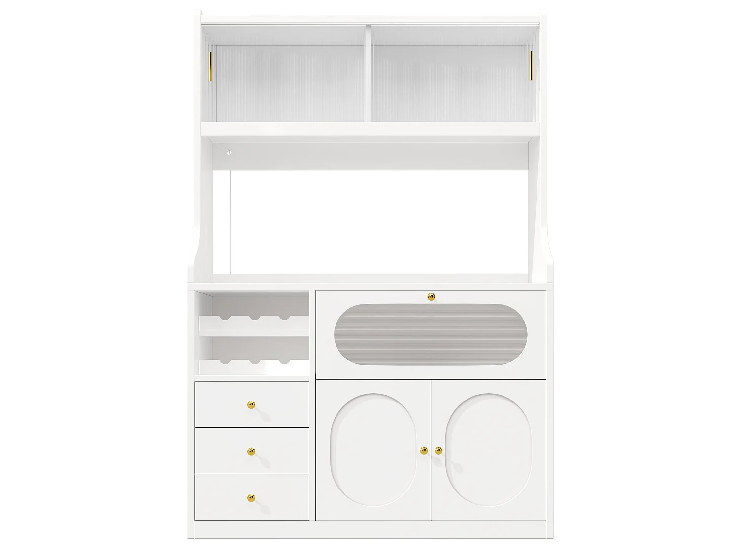 Buffet de cuisine avec LEDs, portes, casier à vin et 3 tiroirs- Blanc