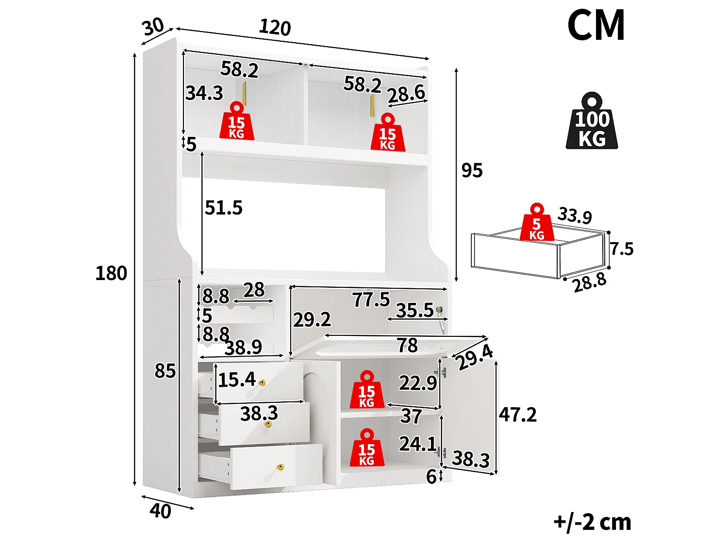 Buffet de cuisine avec LEDs, portes, casier à vin et 3 tiroirs- Blanc