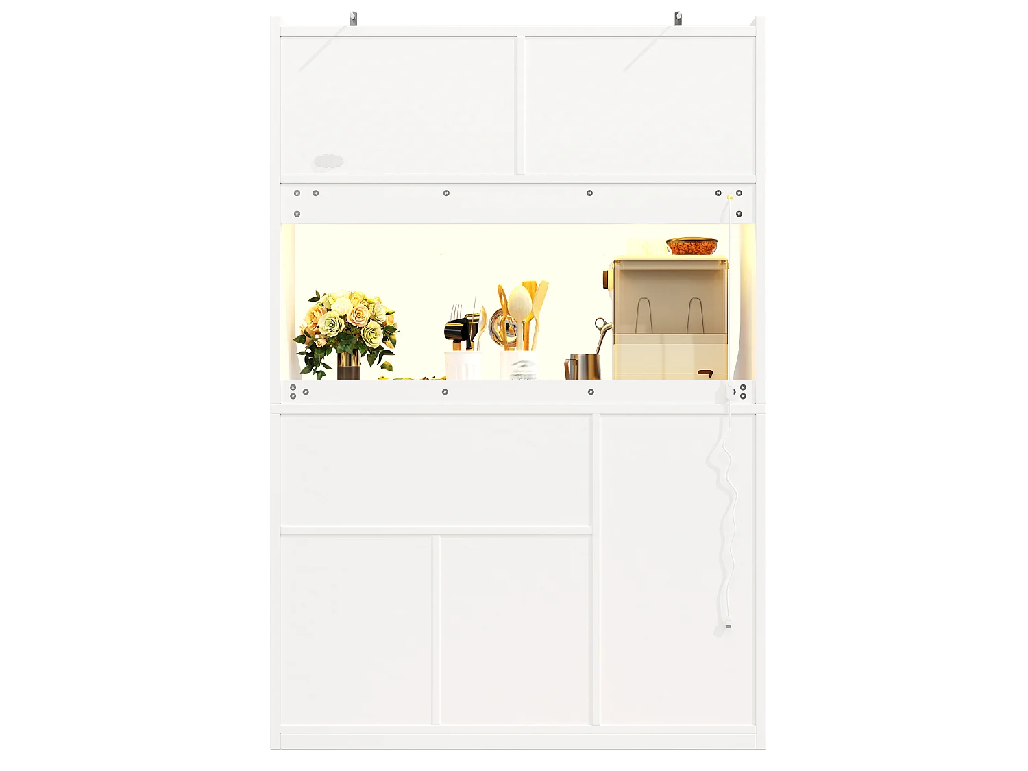 Buffet de cuisine avec LEDs, portes, casier à vin et 3 tiroirs- Blanc