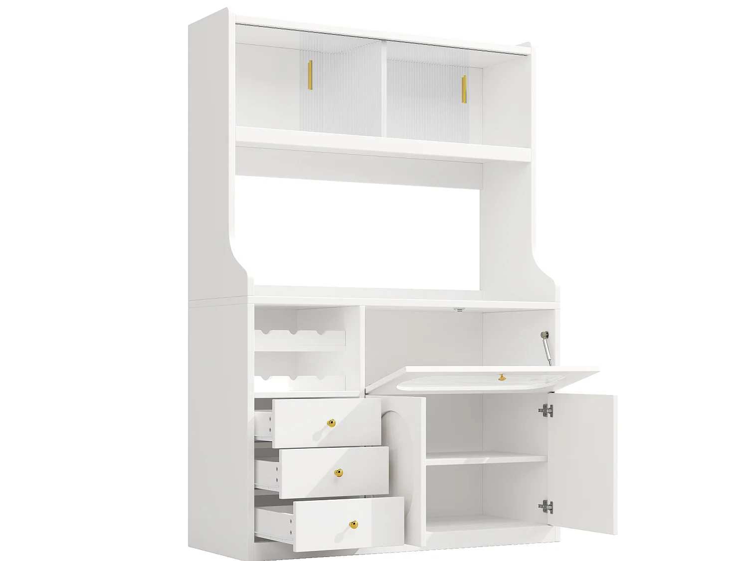 Buffet de cuisine avec LEDs, portes, casier à vin et 3 tiroirs- Blanc