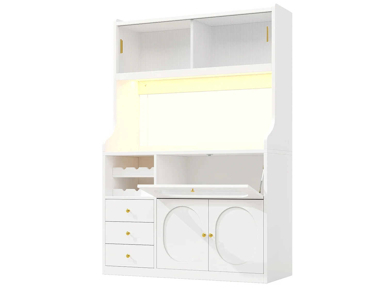 Buffet de cuisine avec LEDs, portes, casier à vin et 3 tiroirs- Blanc