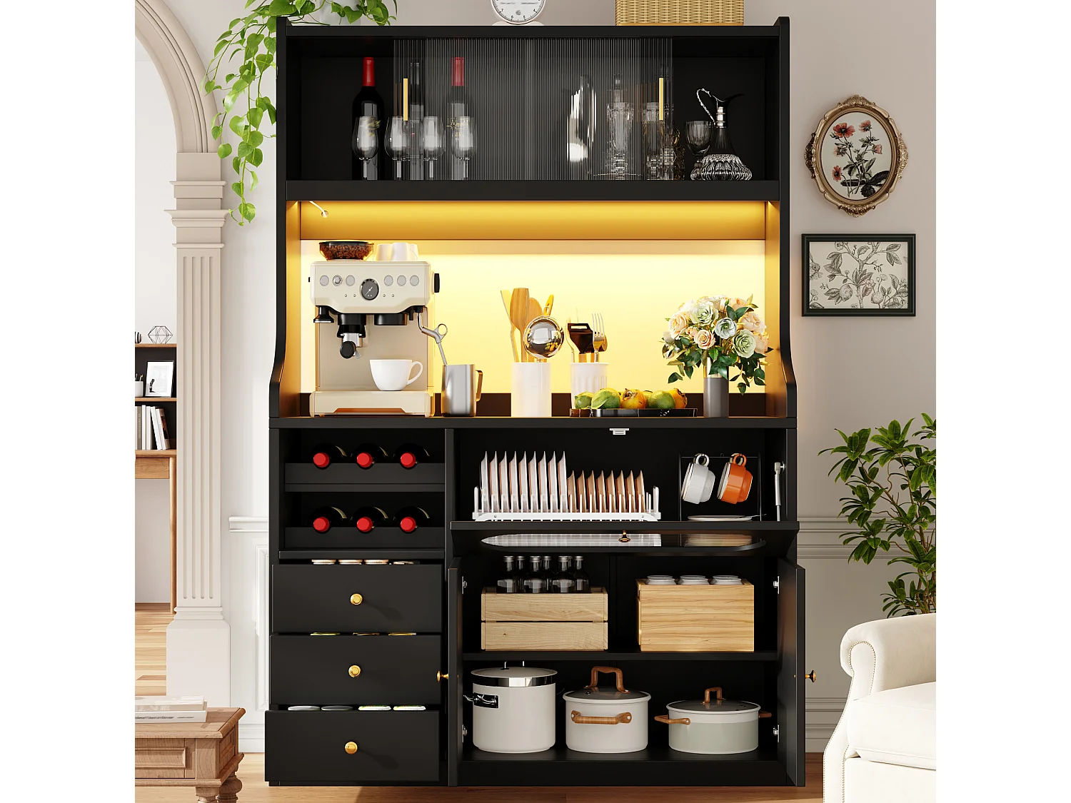Buffet de cuisine avec LEDs, portes, casier à vin et 3 tiroirs- Noir