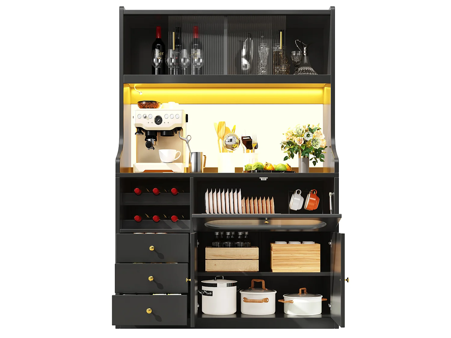 Buffet de cuisine avec LEDs, portes, casier à vin et 3 tiroirs- Noir
