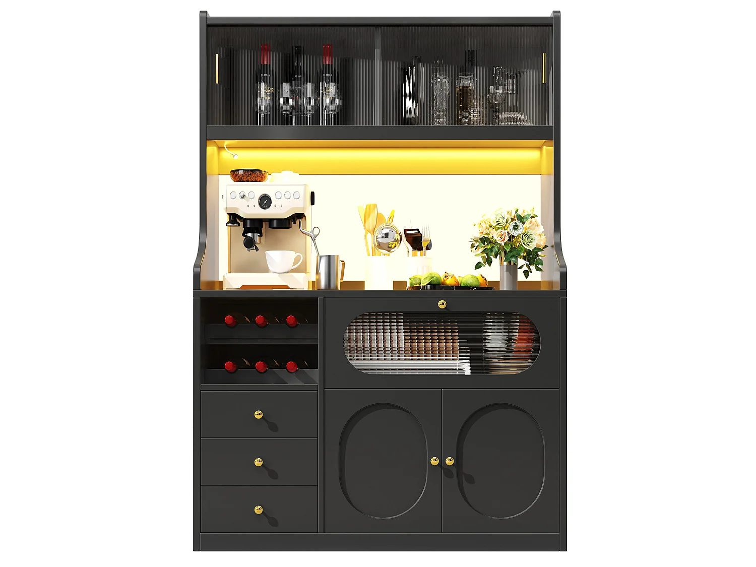 Buffet de cuisine avec LEDs, portes, casier à vin et 3 tiroirs- Noir