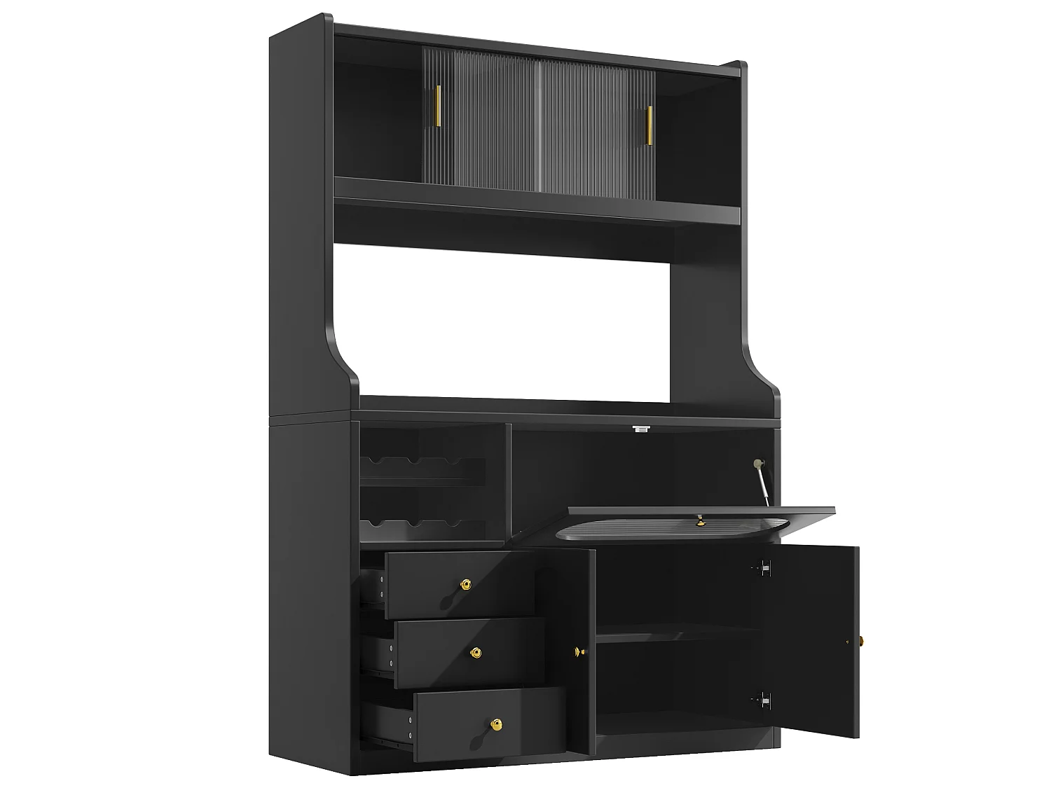 Buffet de cuisine avec LEDs, portes, casier à vin et 3 tiroirs- Noir