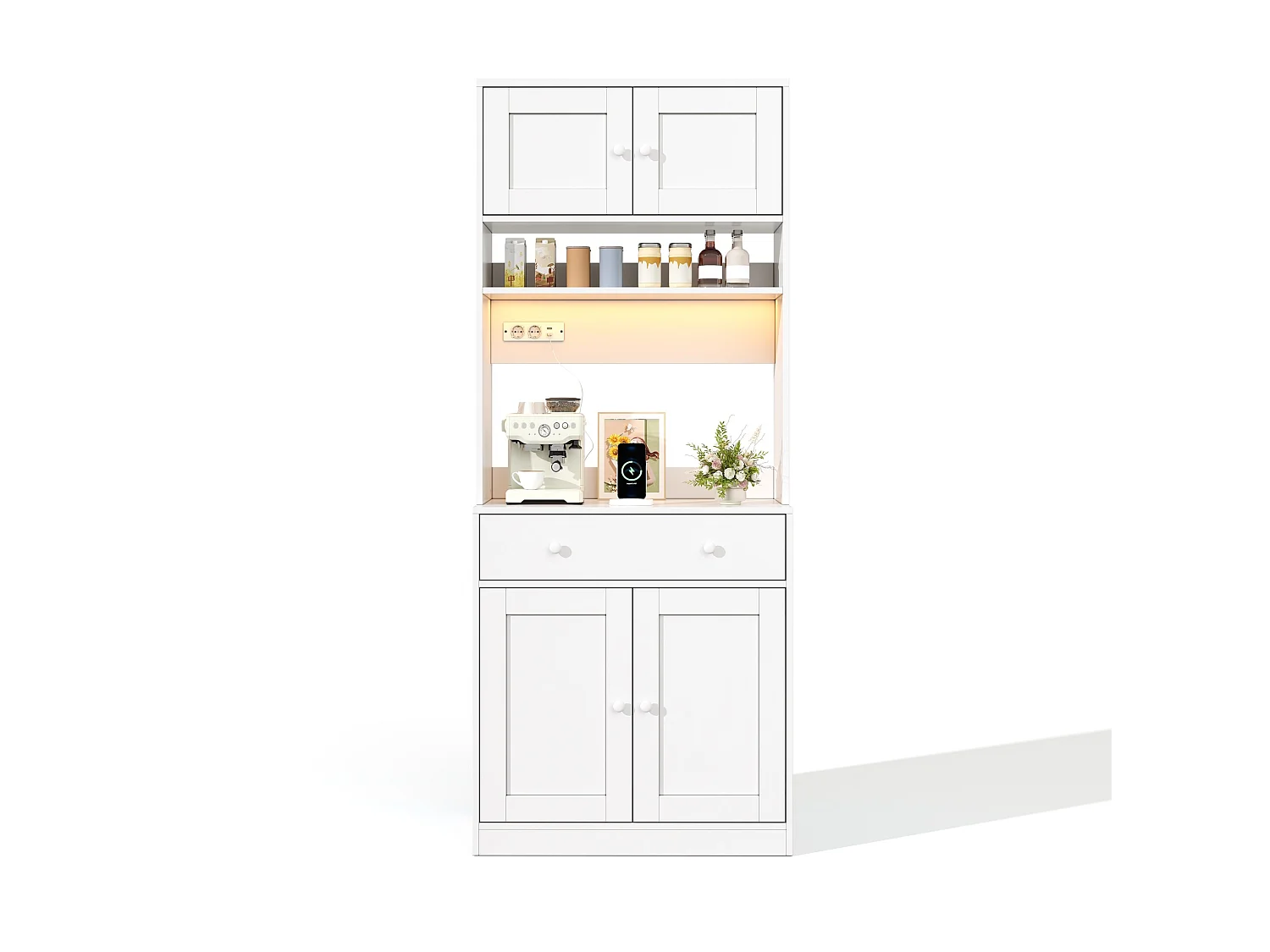 Meuble de cuisine avec LED, prise électrique et tiroir - Blanc 72 x 40 x 180 cm