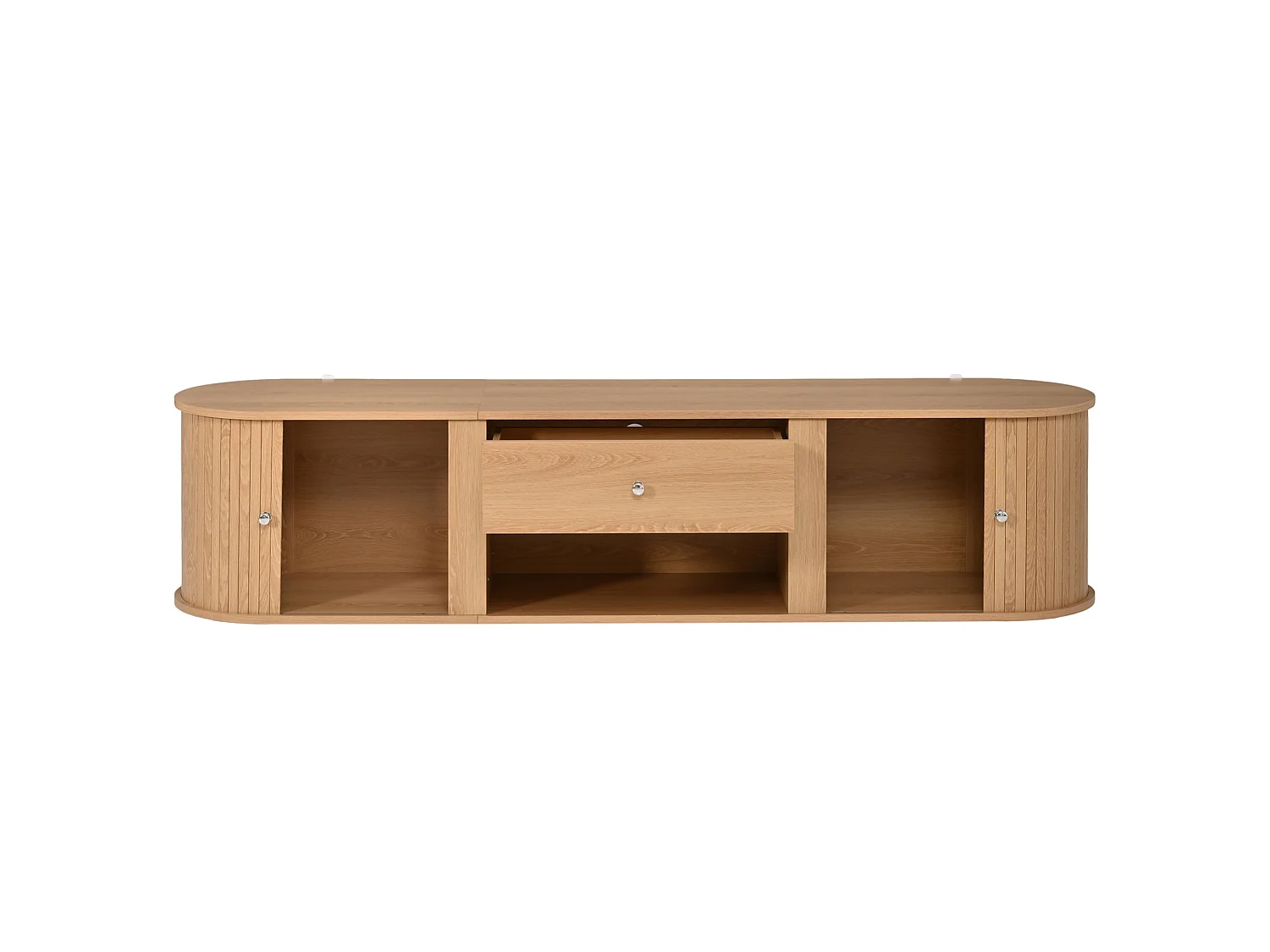 Meuble TV bas avec 2 portes coulissantes et tiroir - Design arrondi - Naturel clair