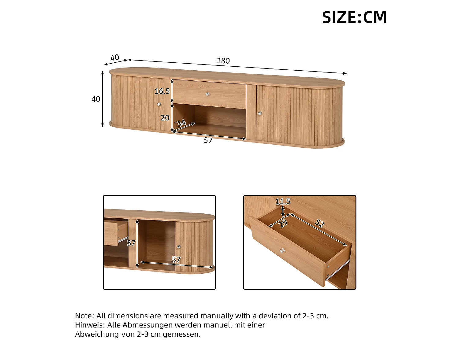 Meuble TV bas avec 2 portes coulissantes et tiroir - Design arrondi - Naturel clair