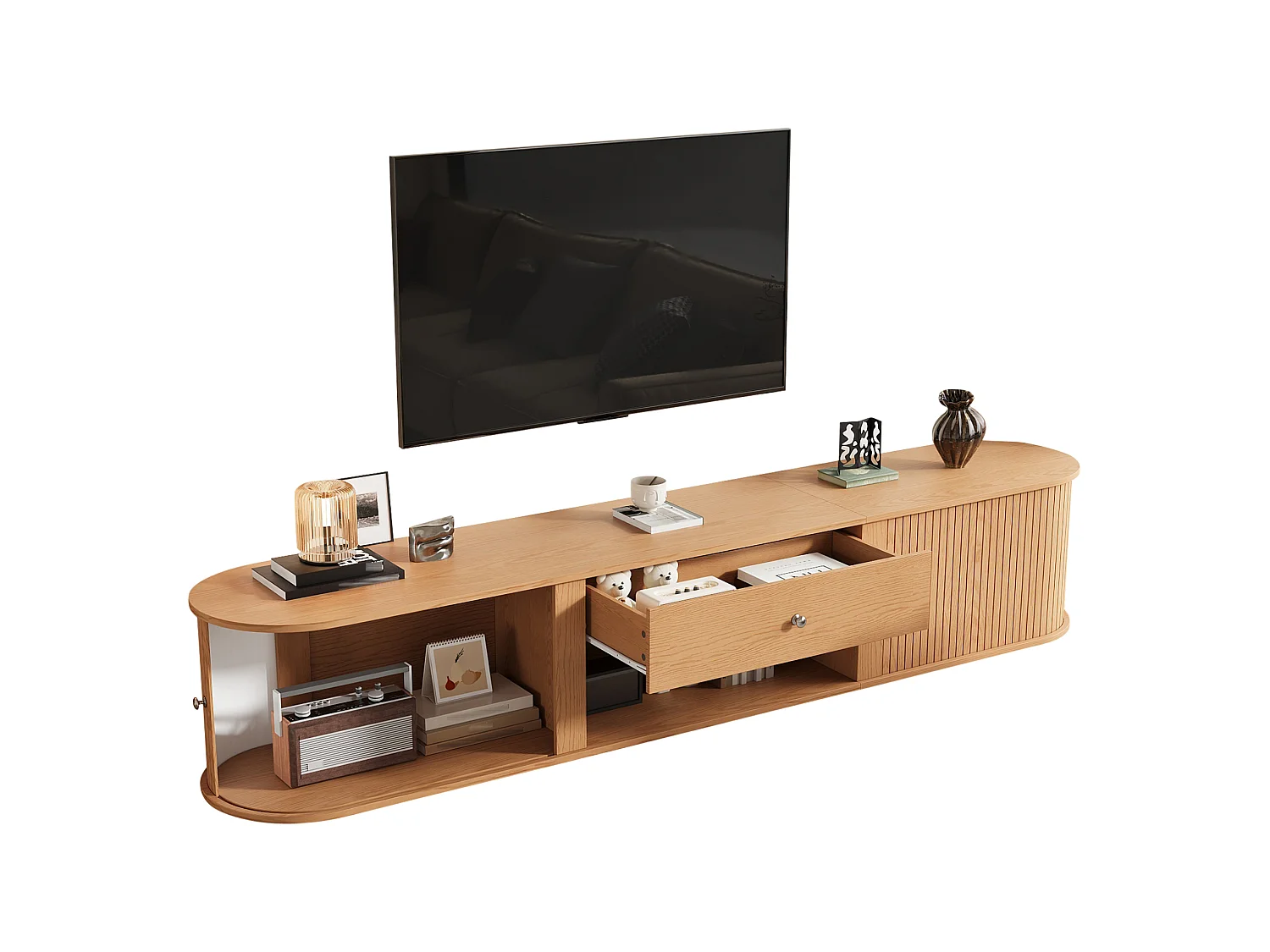 Meuble TV bas avec 2 portes coulissantes et tiroir - Design arrondi - Naturel clair
