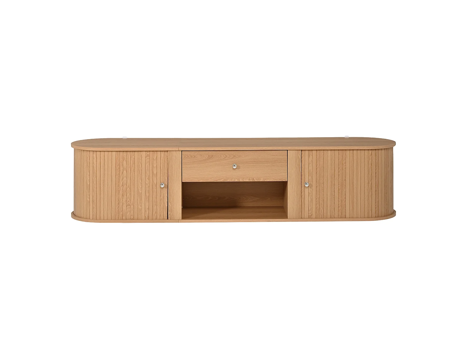 Meuble TV bas avec 2 portes coulissantes et tiroir - Design arrondi - Naturel clair