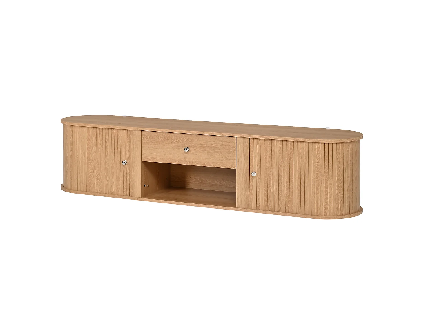 Meuble TV bas avec 2 portes coulissantes et tiroir - Design arrondi - Naturel clair