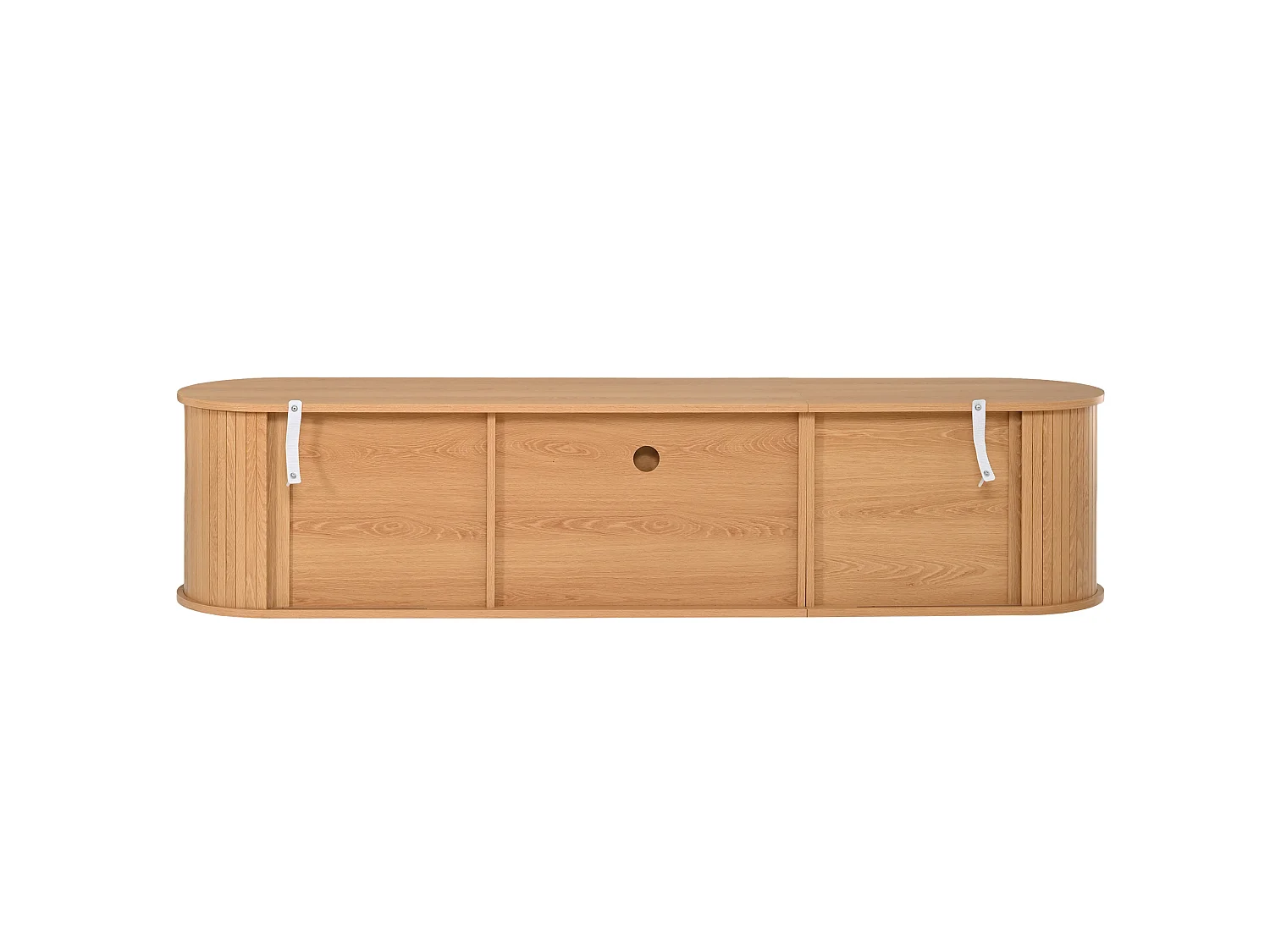 Meuble TV bas avec 2 portes coulissantes et tiroir - Design arrondi - Naturel clair