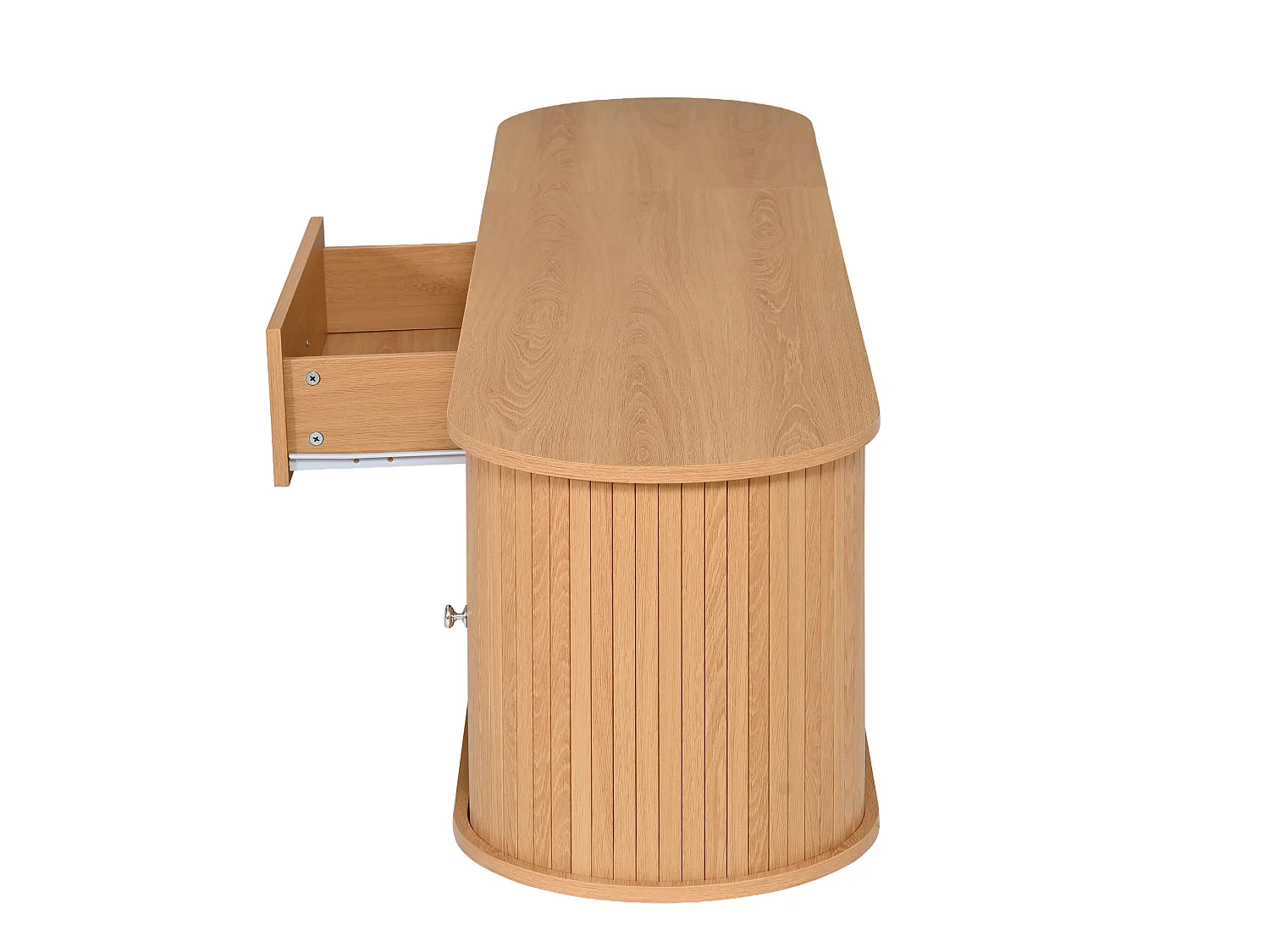 Meuble TV bas avec 2 portes coulissantes et tiroir - Design arrondi - Naturel clair