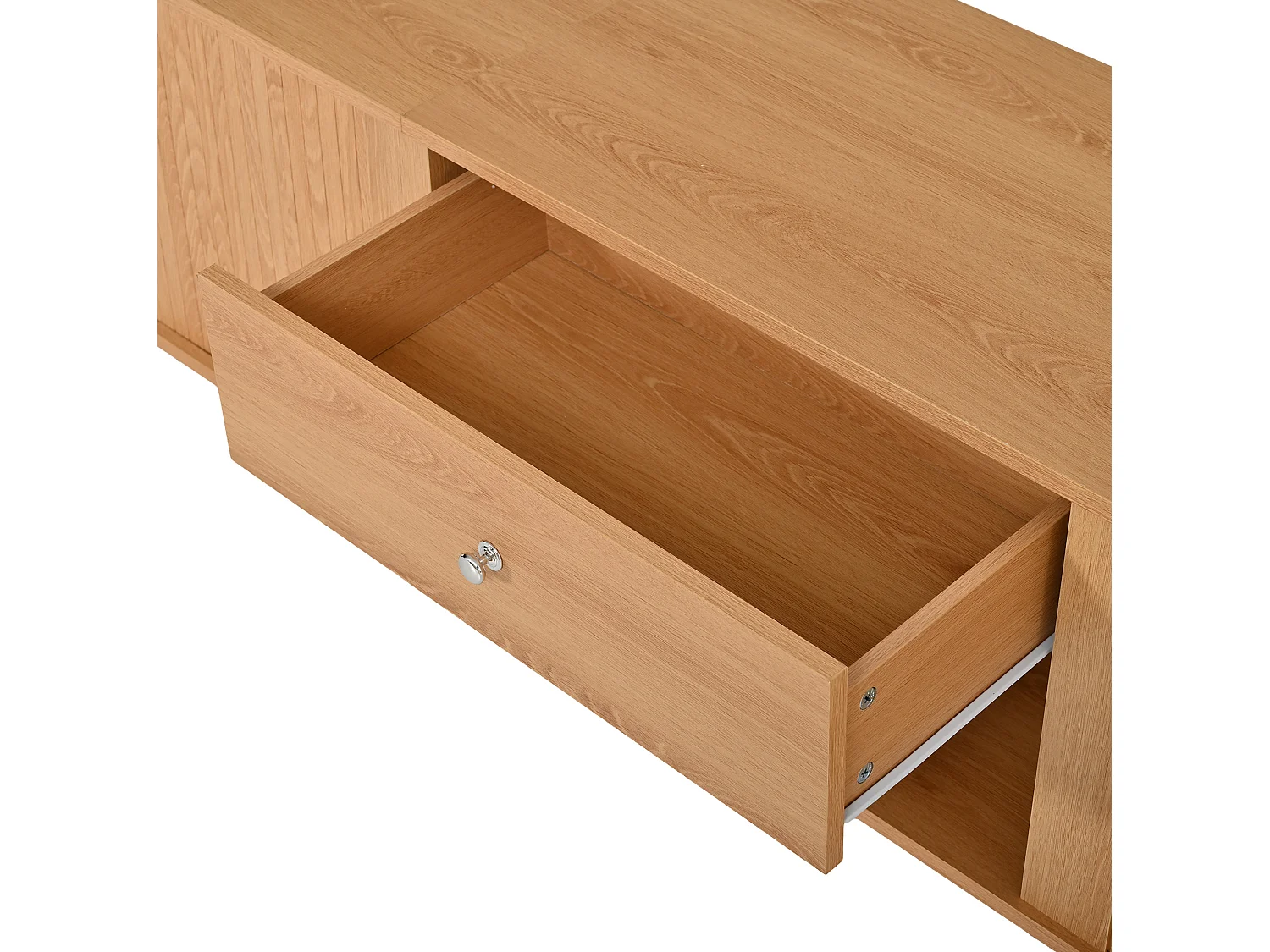 Meuble TV bas avec 2 portes coulissantes et tiroir - Design arrondi - Naturel clair