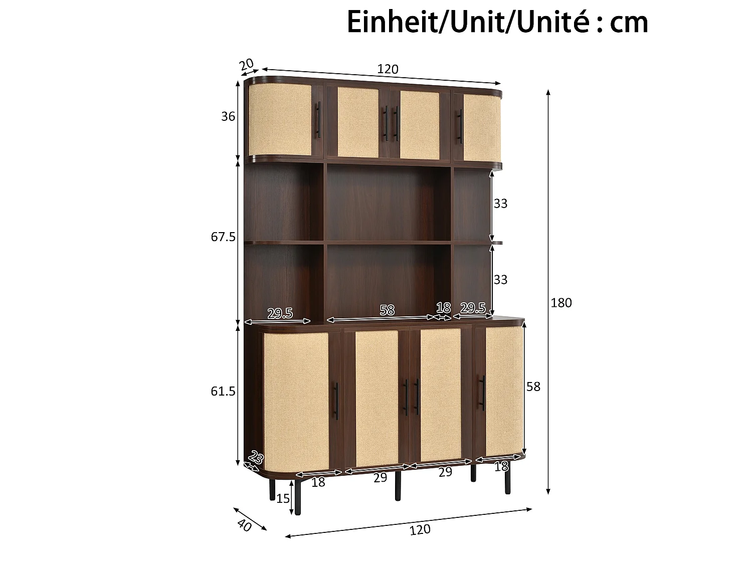 Keukendressoir met 8 deuren - MDF en metaal - Bruin 120 x 40 x 180 cm