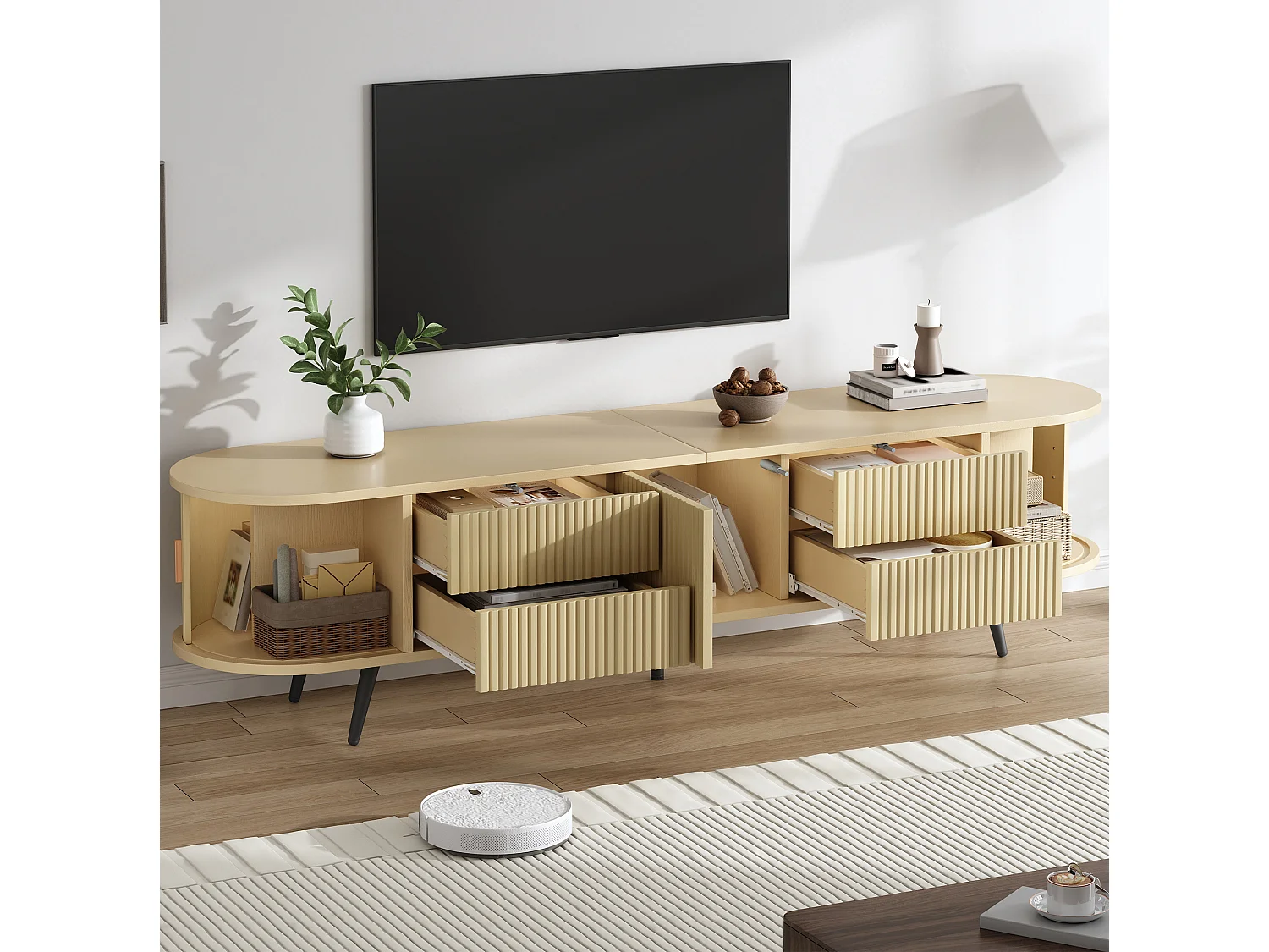 Rack para TV oval na cor madeira com portas e 4 gavetas – Estampado de riscas verticais