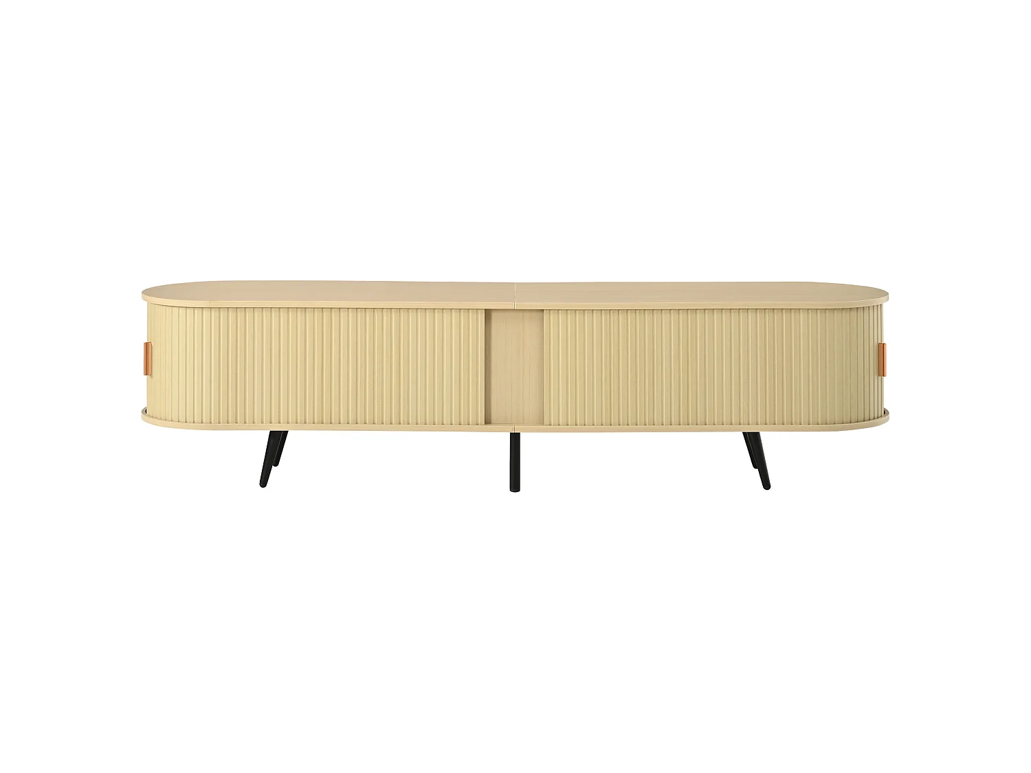 Rack para TV oval na cor madeira com portas e 4 gavetas – Estampado de riscas verticais