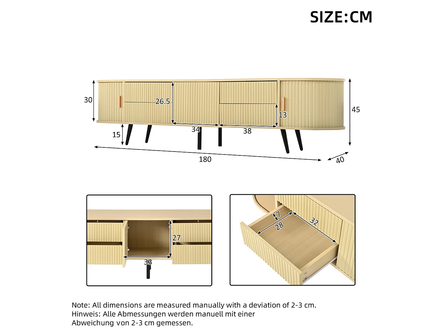 Rack para TV oval na cor madeira com portas e 4 gavetas – Estampado de riscas verticais