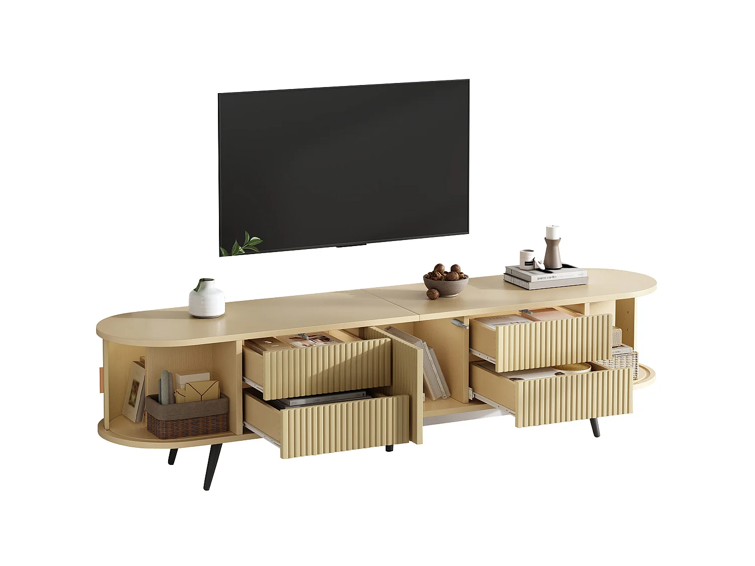 Rack para TV oval na cor madeira com portas e 4 gavetas – Estampado de riscas verticais
