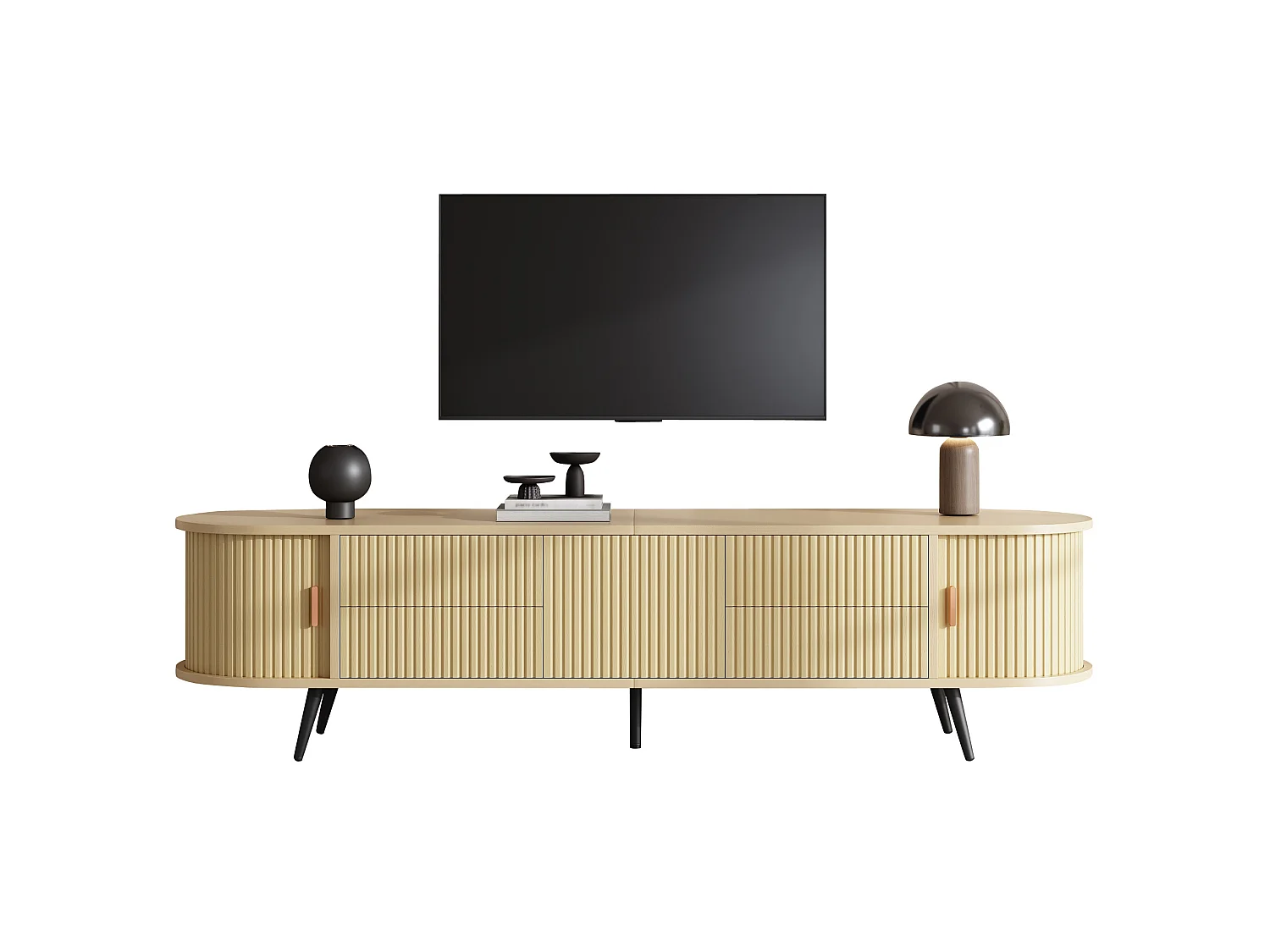 Rack para TV oval na cor madeira com portas e 4 gavetas – Estampado de riscas verticais