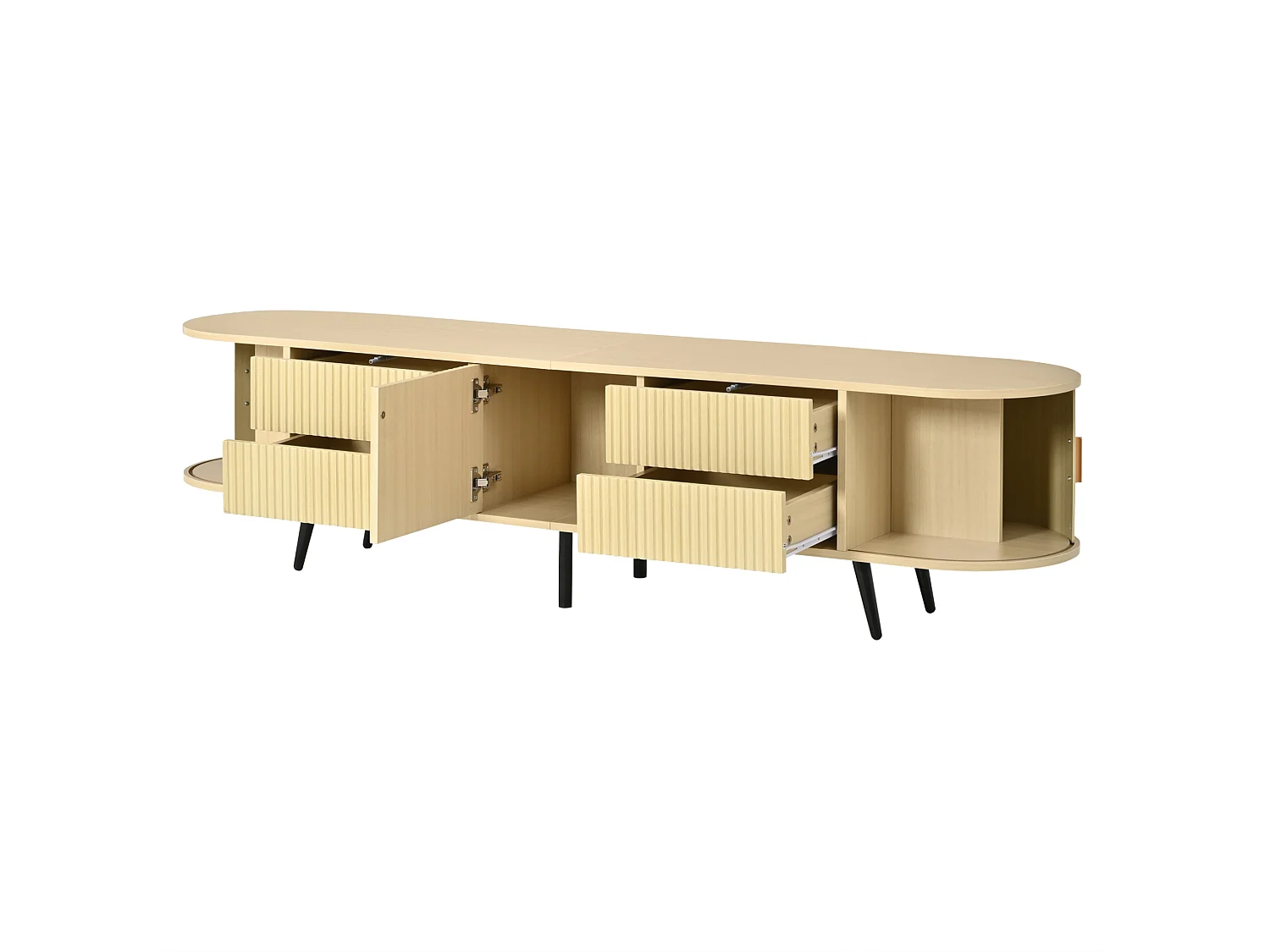 Rack para TV oval na cor madeira com portas e 4 gavetas – Estampado de riscas verticais
