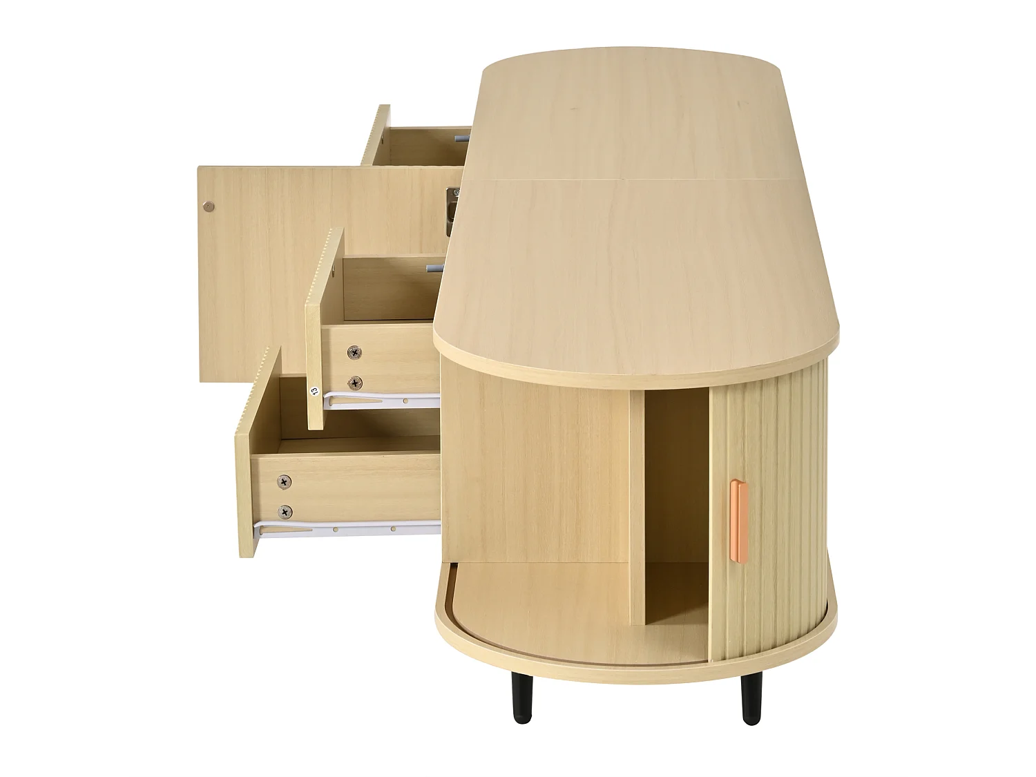 Rack para TV oval na cor madeira com portas e 4 gavetas – Estampado de riscas verticais