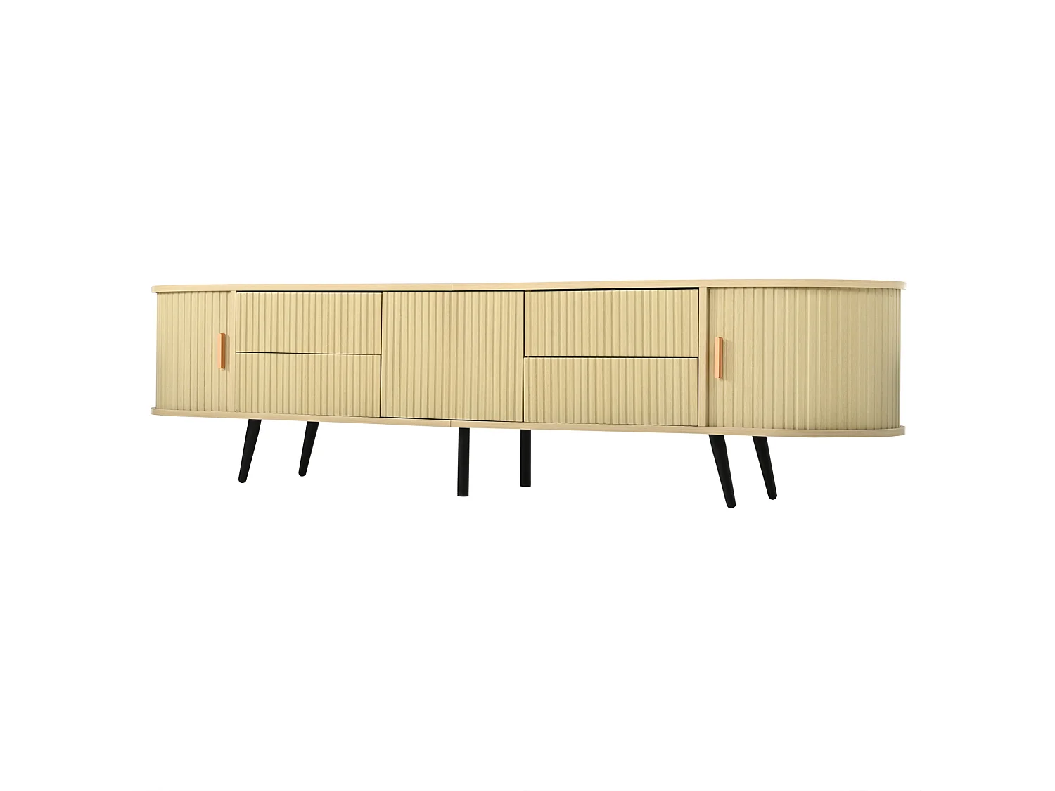 Rack para TV oval na cor madeira com portas e 4 gavetas – Estampado de riscas verticais
