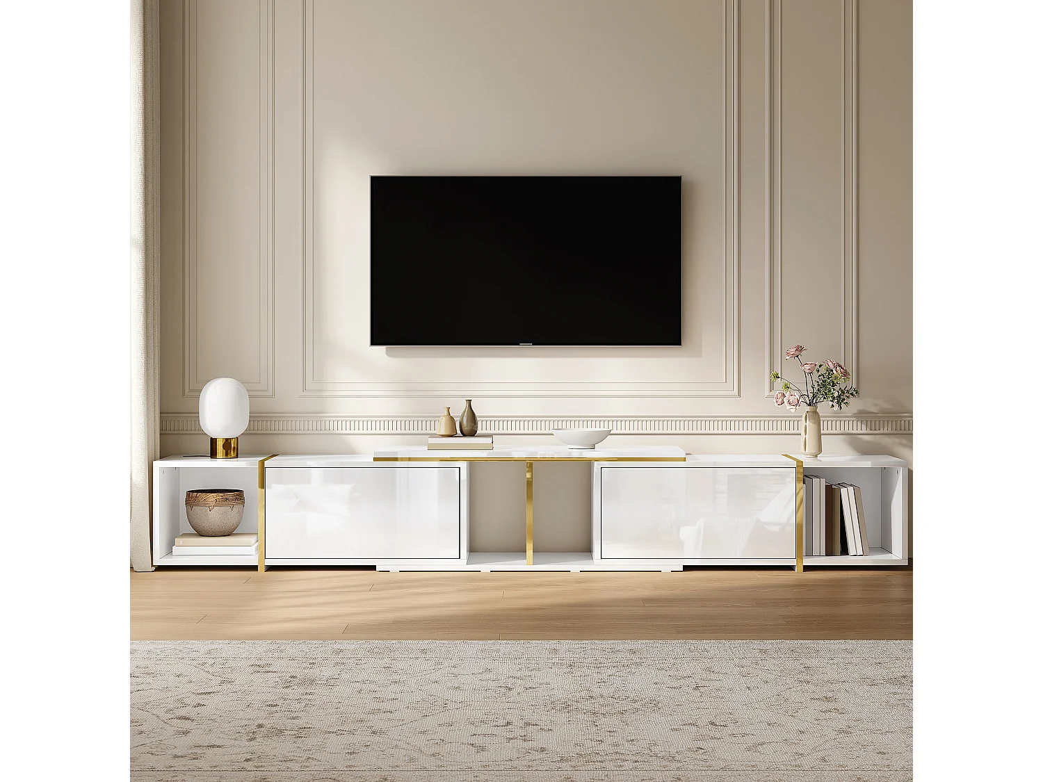 Rack para TV extensível com frentes em acabamento brilhante – Branco